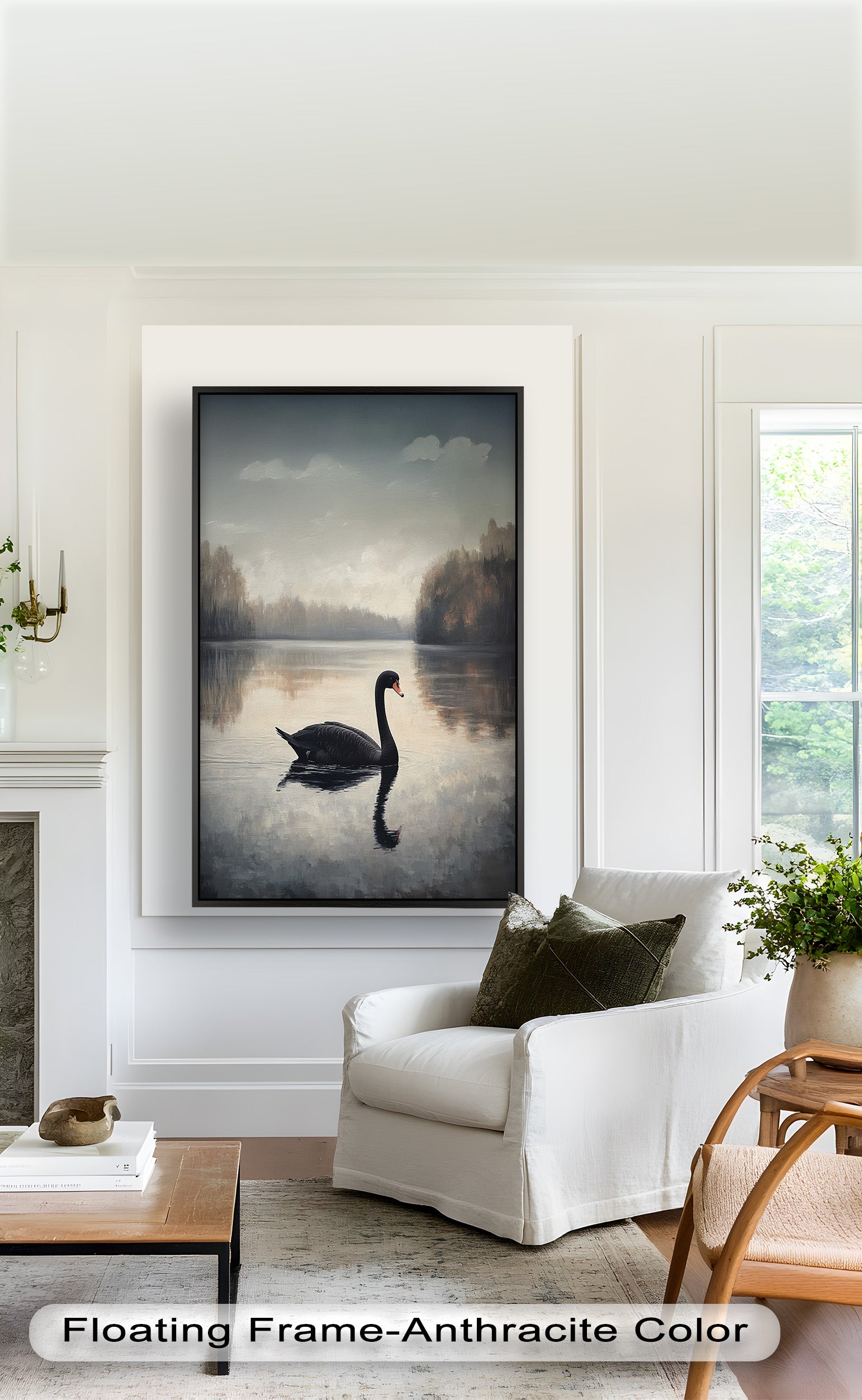 Black Swan at Dusk - Hand Painted Lake Landscape Oil Canvas Artwork - Perfect for Living Room, Bedroom, or Office Wall Decor