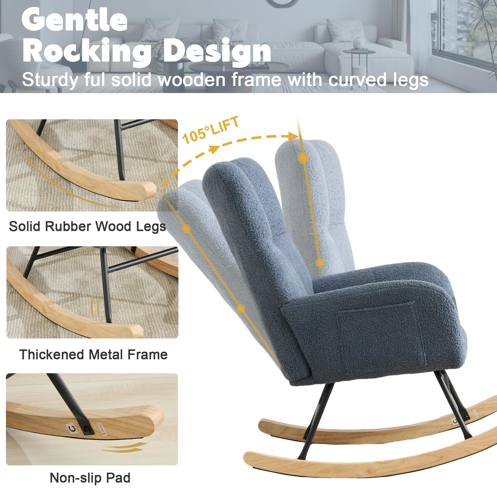Comfy Blue Teddy Upholstered Glider Rocker - High Backrest Nursery Rocking Chair for Living Room, Bedroom & Office | Modern Accent Armchair with Smooth Gliding Motion | Perfect for Nursing Mothers, Relaxation & Home Decor