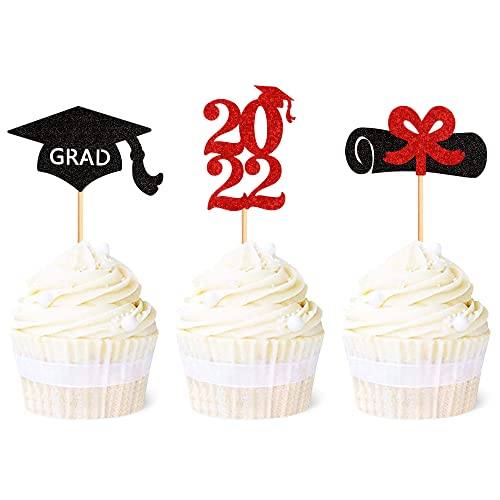 24 Pack 2022 Graduation Cupcake Toppers with Glitter - Grad Cap & Diploma Cake Decorations for Class of 2022 - Perfect for Graduation Parties, School Celebrations & Dessert Table Decor (Red)