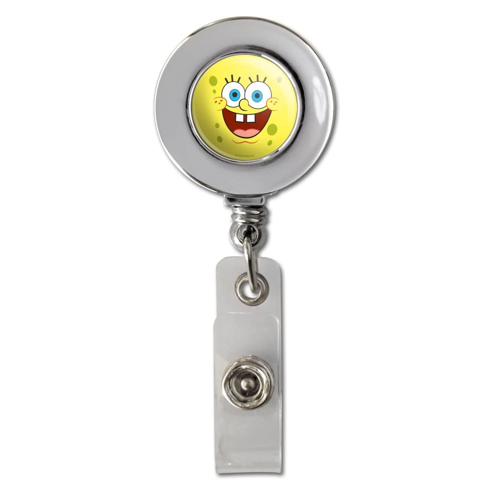 Spongebob Goofy Smile Face Retractable ID Badge Holder - Chrome Metal Reel Clip for Work, School & Convention Security (Fun Cartoon Character Design)
