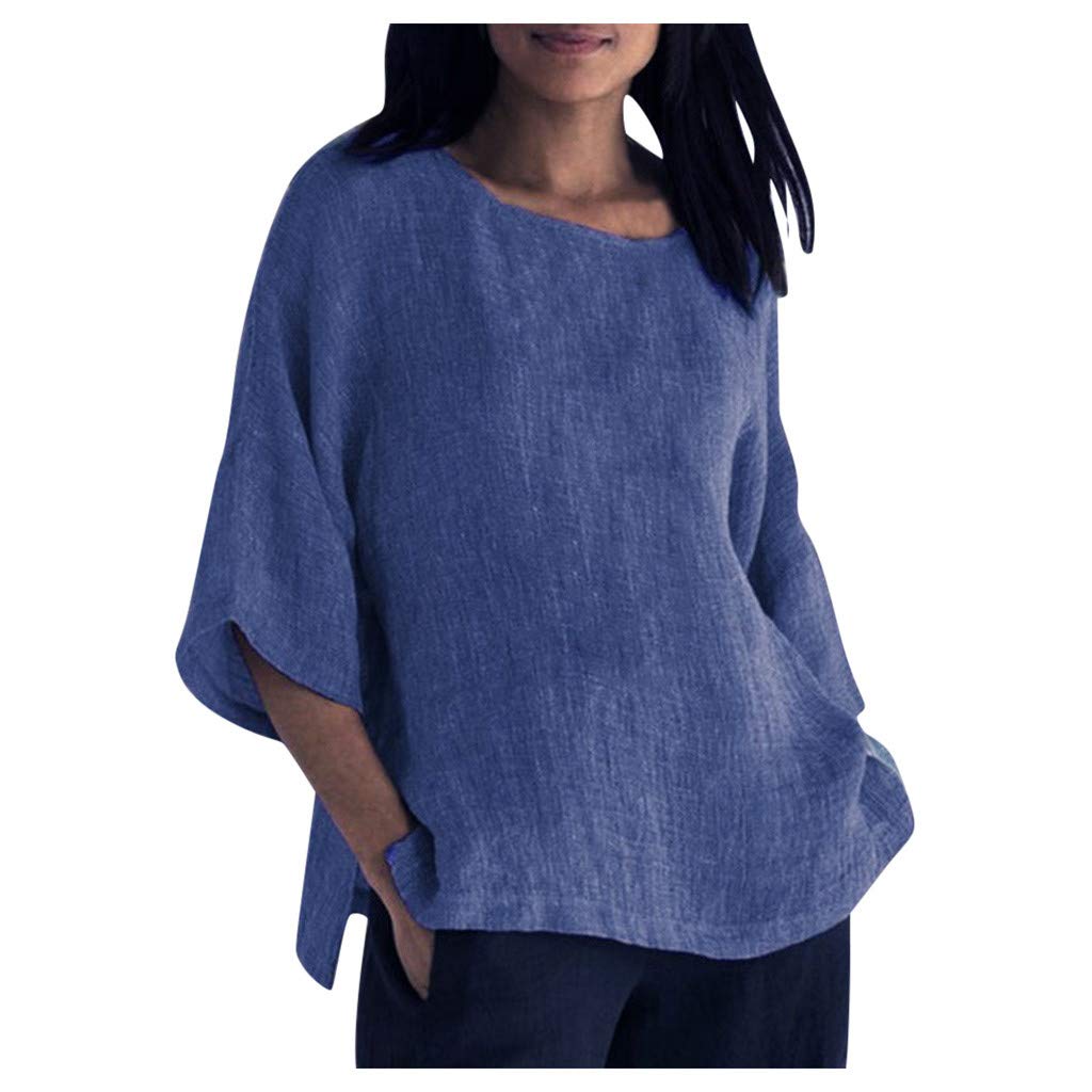 Women's Casual Cotton Linen Shirts - 3/4 Sleeve Crew Neck Loose Fit Tunic Tops with Side Split | Breathable Summer Blouse for Work, Travel & Everyday Wear