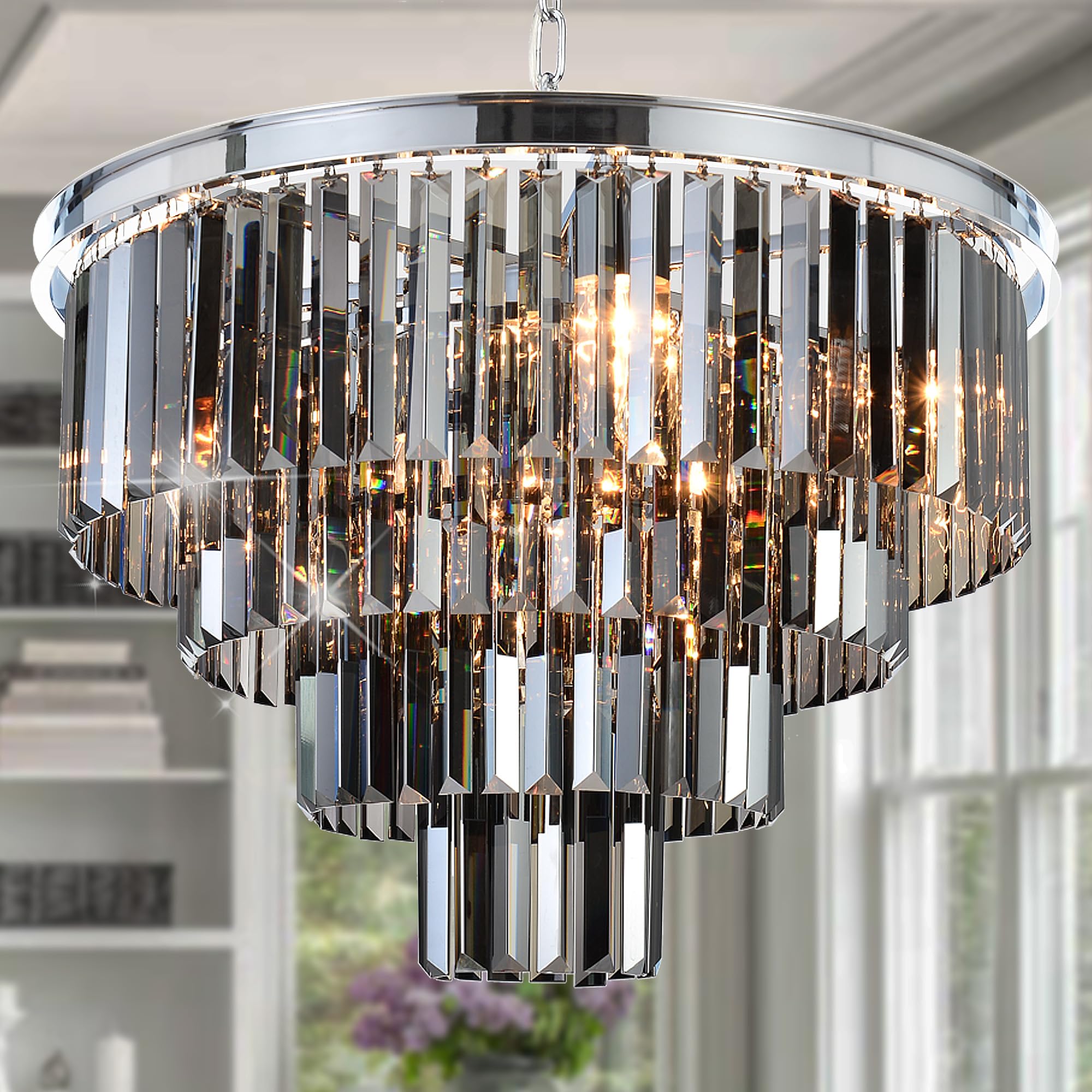 Luxury Chrome Smoke Crystal Modern Chandelier - 4-Tier Pendant Ceiling Light Fixture for Dining Room, Living Room, Bedroom & Girls Room (23.6