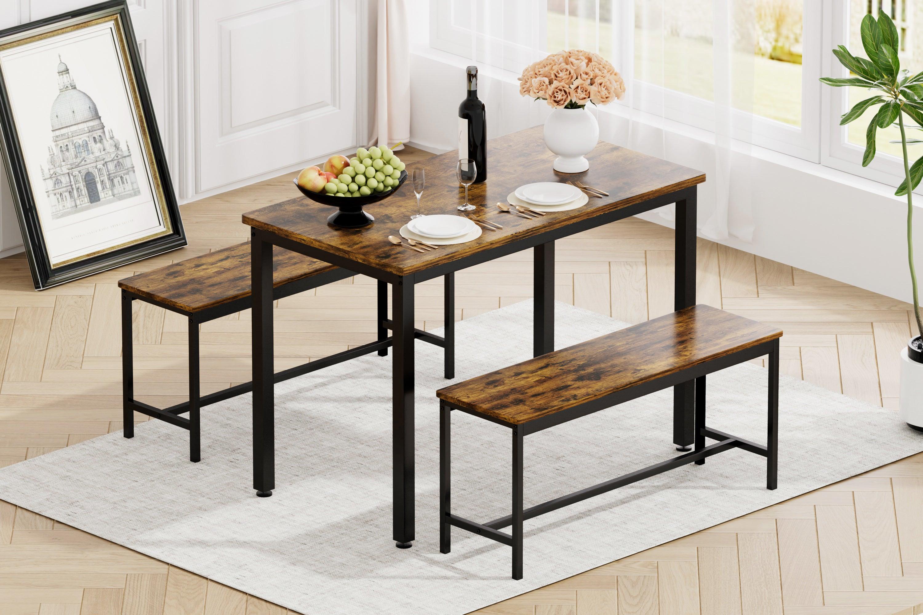 Industrial Dining Table Set with 2 Benches - 43.3