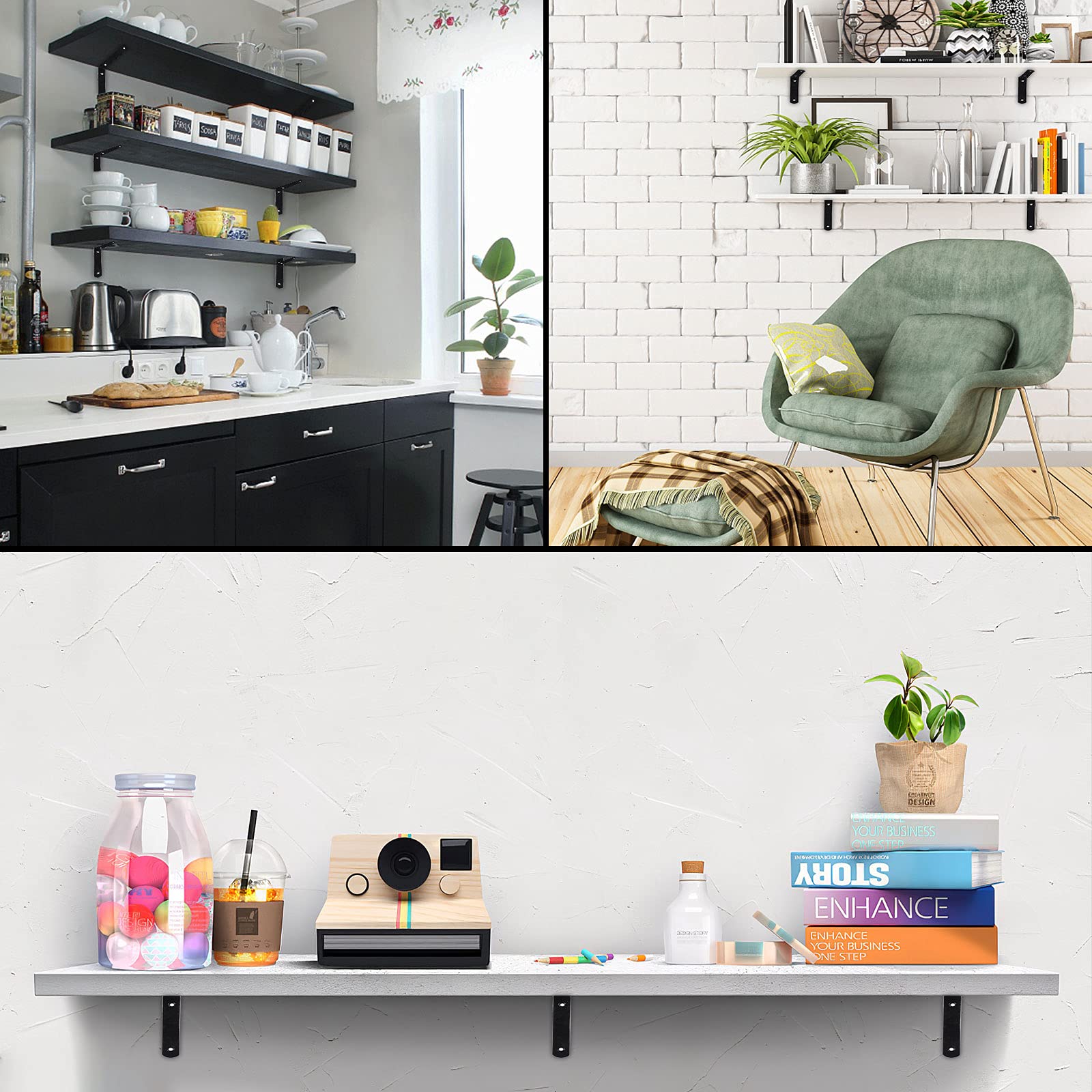 4 Pack 4 Inch Heavy Duty Black Metal Floating Shelf Brackets - Wall Mounted L Bracket Supports for DIY Shelves, Bookshelves & Home Decor (Includes Screws) | Perfect for Kitchen, Bathroom, Living Room & Office Storage