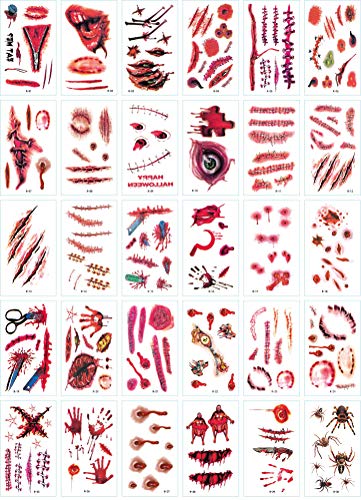 30 Sheet Halloween Fake Scars Temporary Tattoos - Waterproof Zombie & Vampire Bite Makeup Kit for Adults - Perfect for Halloween Parties, Christmas Cosplay, Horror Events and Themed Costume Nights