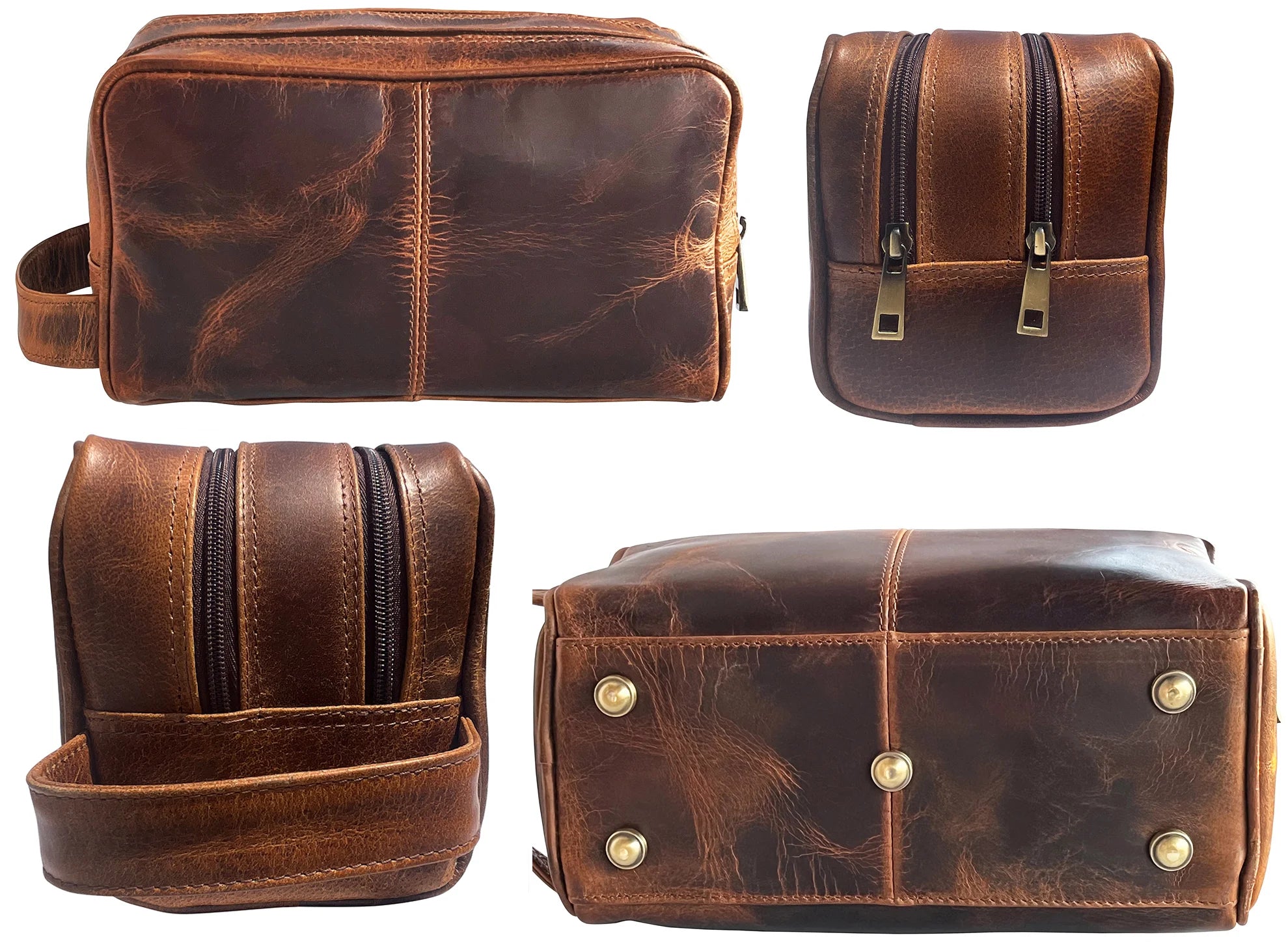 Johnny Genuine Leather Travel Toiletry Bag for Men - Waterproof Shaving Kit Organizer (Antique Brown) - Perfect for Business Trips, Gym & Weekend Getaways
