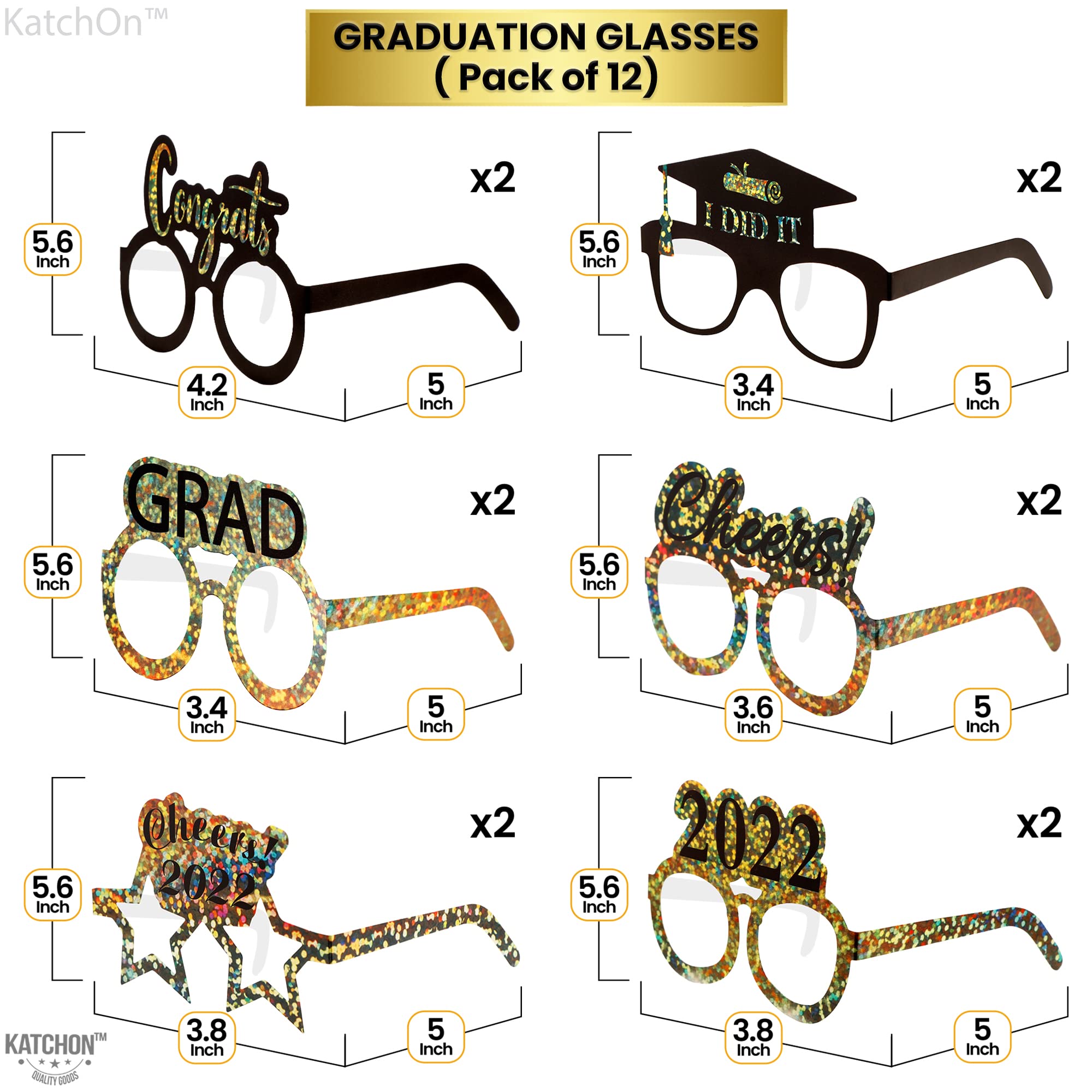 2022 Graduation Glasses - 12 Pack Black & Gold | Photo Booth Props, Party Decorations & Favors | Perfect for Graduation Parties, Ceremonies & Celebrations