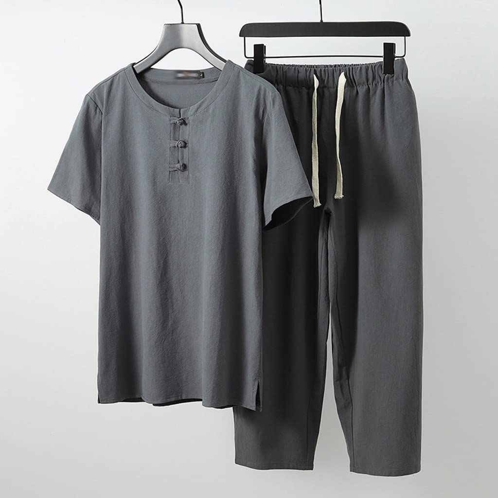 MMLLZEL Summer Linen T-Shirt and Pants Set for Men - Chinese Style Vintage Tang Suit Short Sleeve Top (Gray, 4X-Large) | Casual Wear, Cultural Events & Summer Outfits