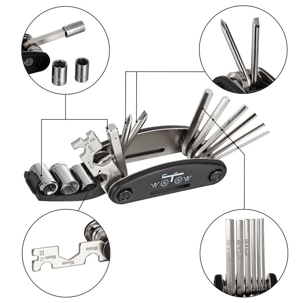 WOTOW 16-in-1 Bike Repair Tool Kit - Portable Multitool for Road & Mountain Bikes - Cycling Essentials for Travel & Maintenance