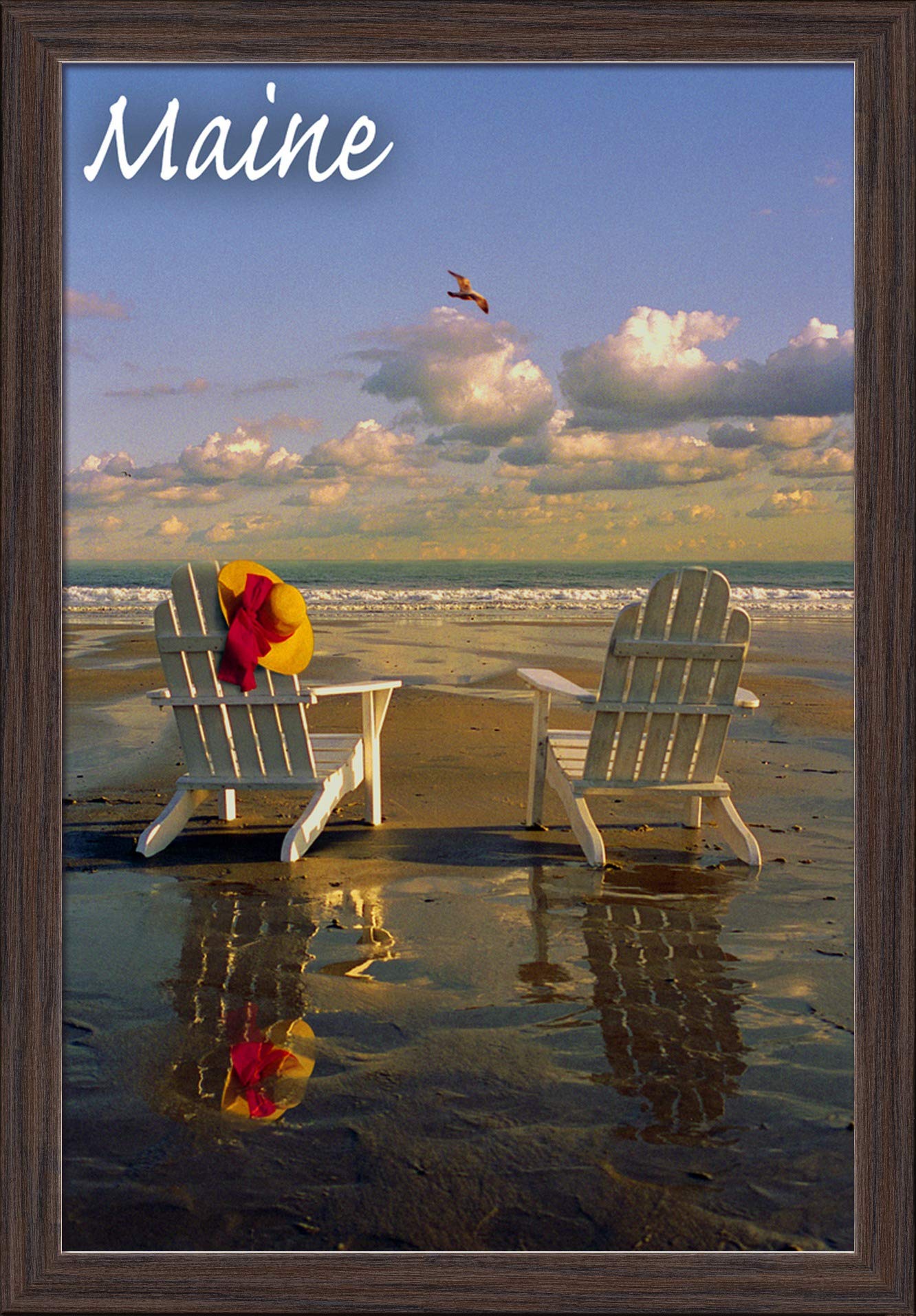 16x24 Giclee Fine Art Print of Maine Adirondack Chairs on Beach - Recycled Wood Frame in Espresso Brown - Perfect for Coastal Home Decor & Beach House Wall Art