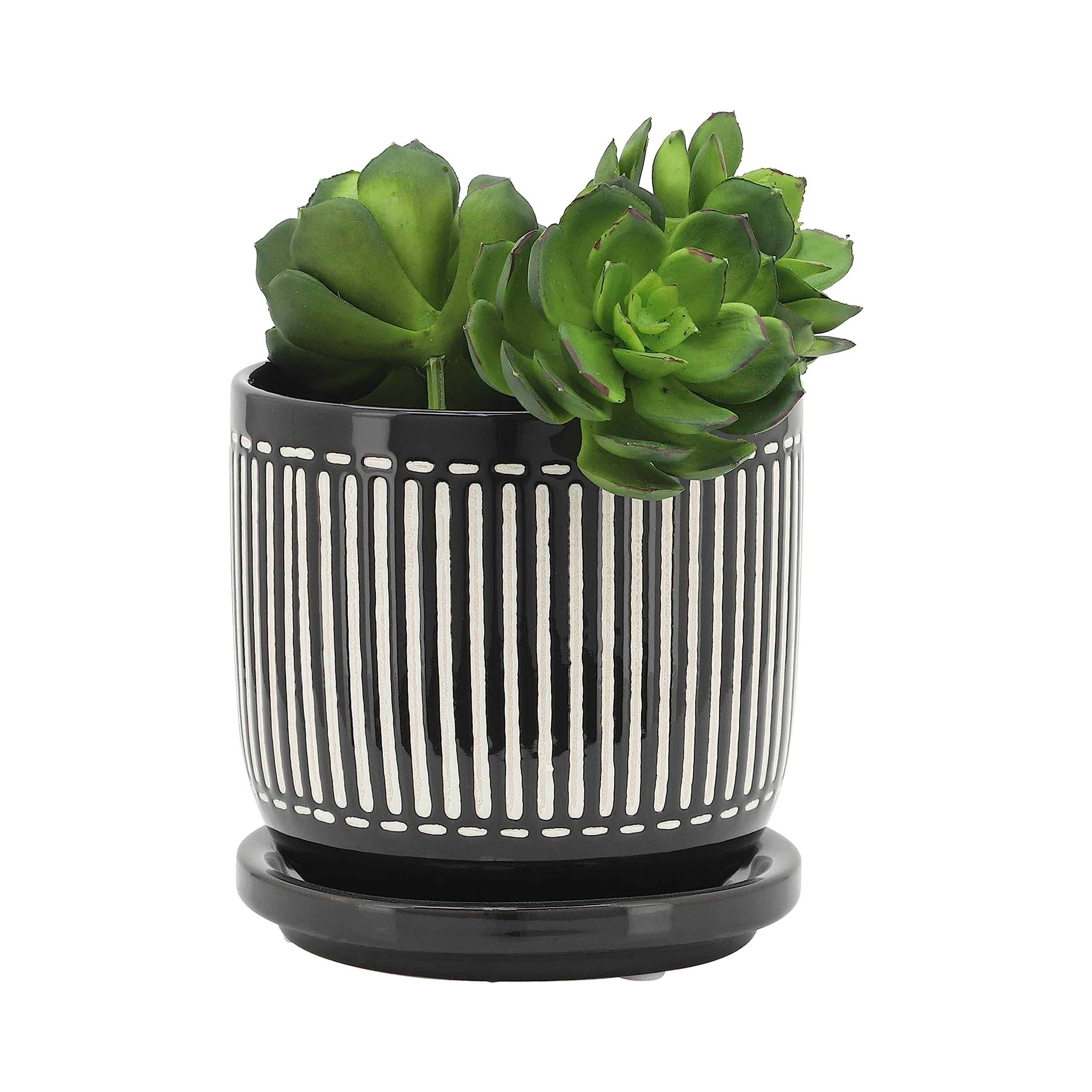 Modern Ceramic Planter Set with Saucers - Durable Stoneware Indoor Outdoor Plant Pots - Striped Design Flower Pots for Home Garden Decor - Set of 2 Black - Perfect for Living Room, Patio, and Office Decor