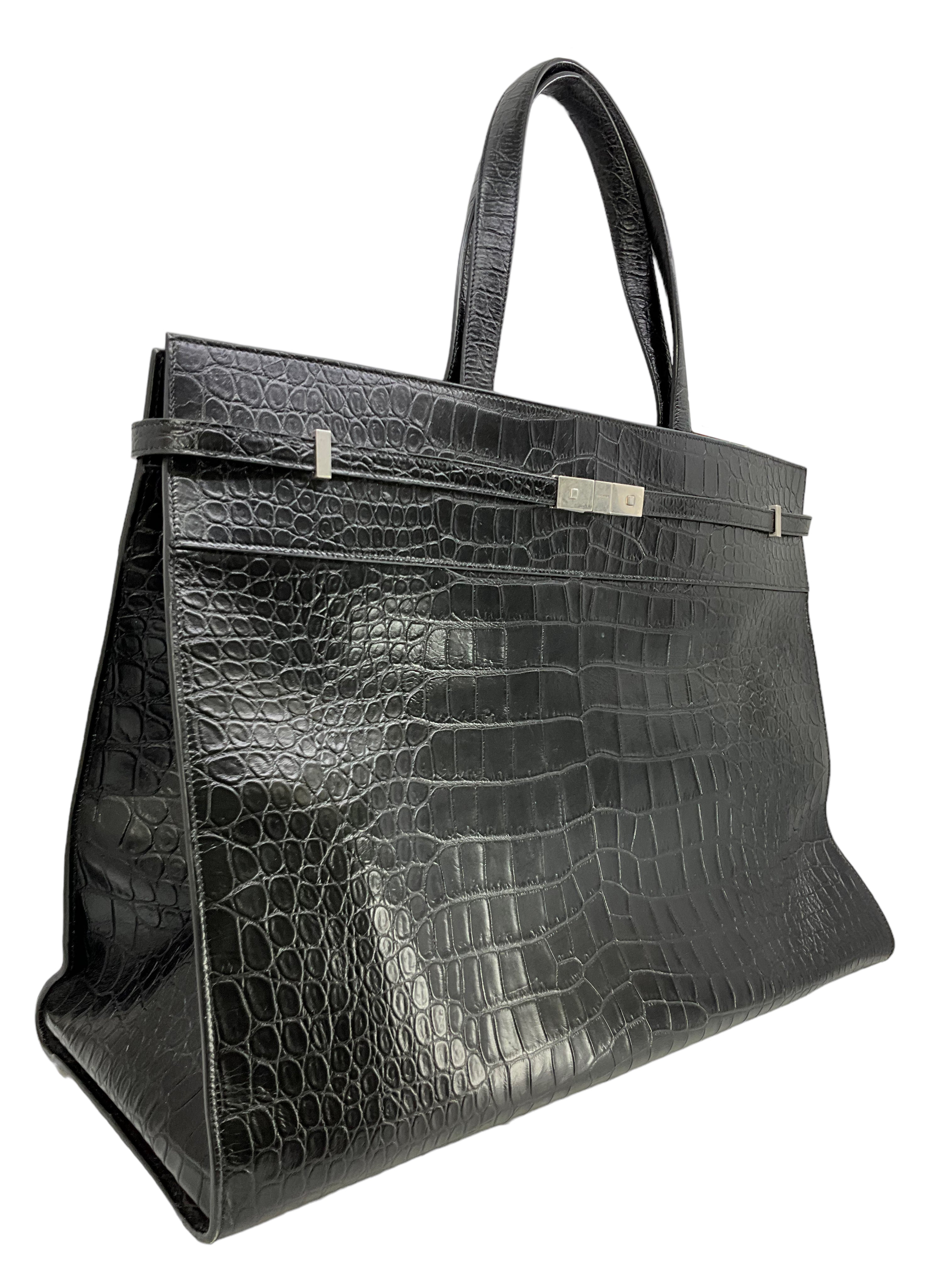 SAINT LAURENT Manhattan Crocodile Embossed Leather Large Travel Bag Satchel for Women - Perfect for Business Trips, Weekend Getaways & Luxury Travel Accessories