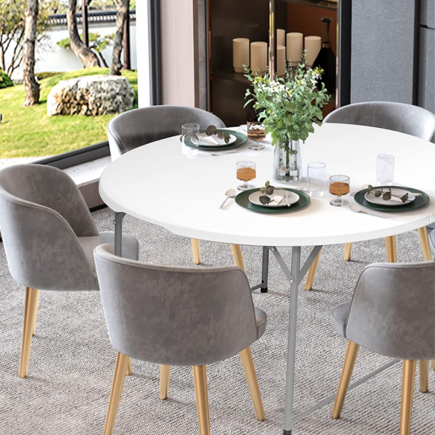 48 Inch Round Folding Table - 4FT Bifold Plastic Dining Table for Wedding, Party, Garden & Patio | Commercial & Event Use | Indoor & Outdoor Versatile Seating Solution