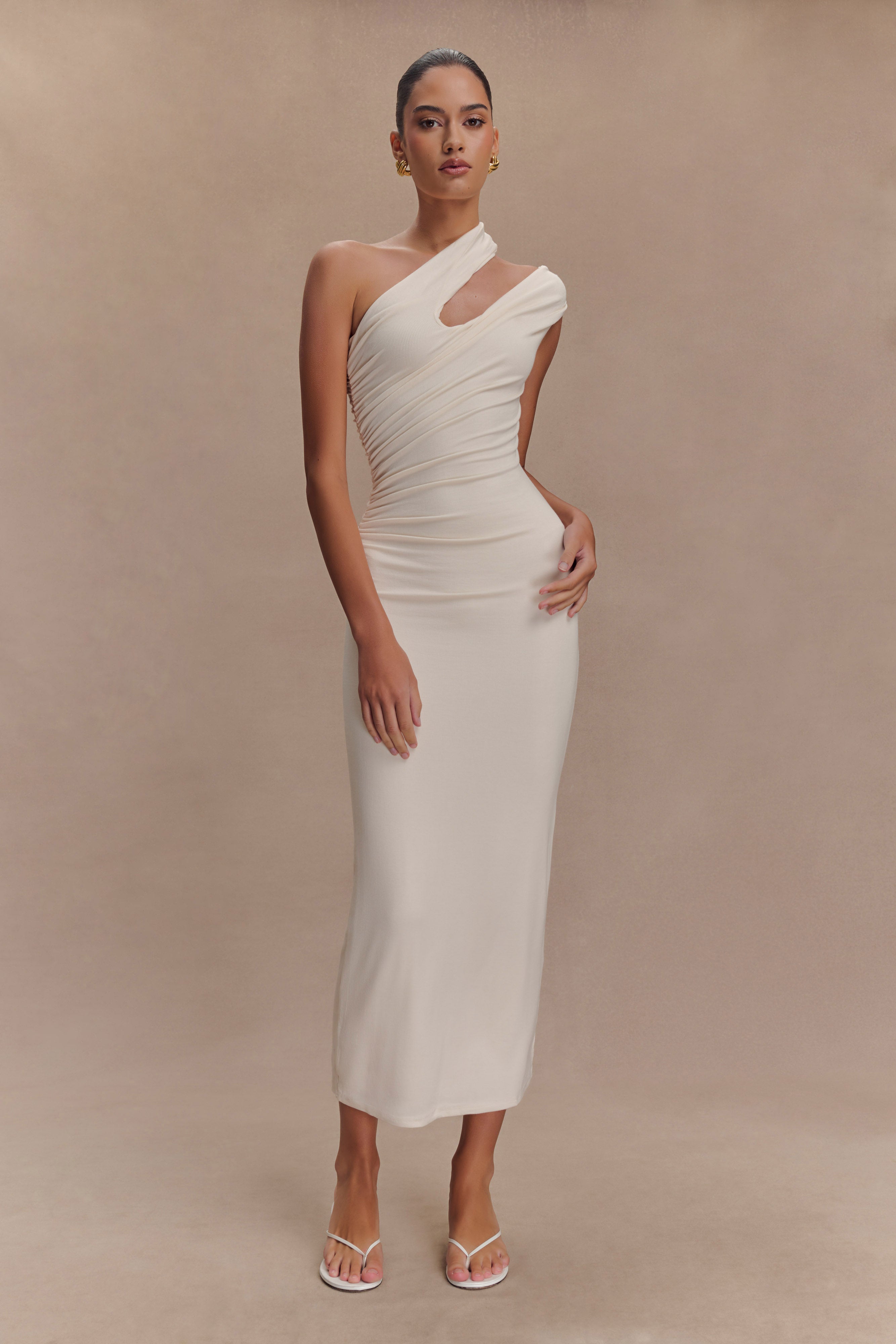 Anastasia One Shoulder Modal Midi Dress in Ivory - Elegant Summer Wedding Guest Dress for Beach Parties & Cocktail Events