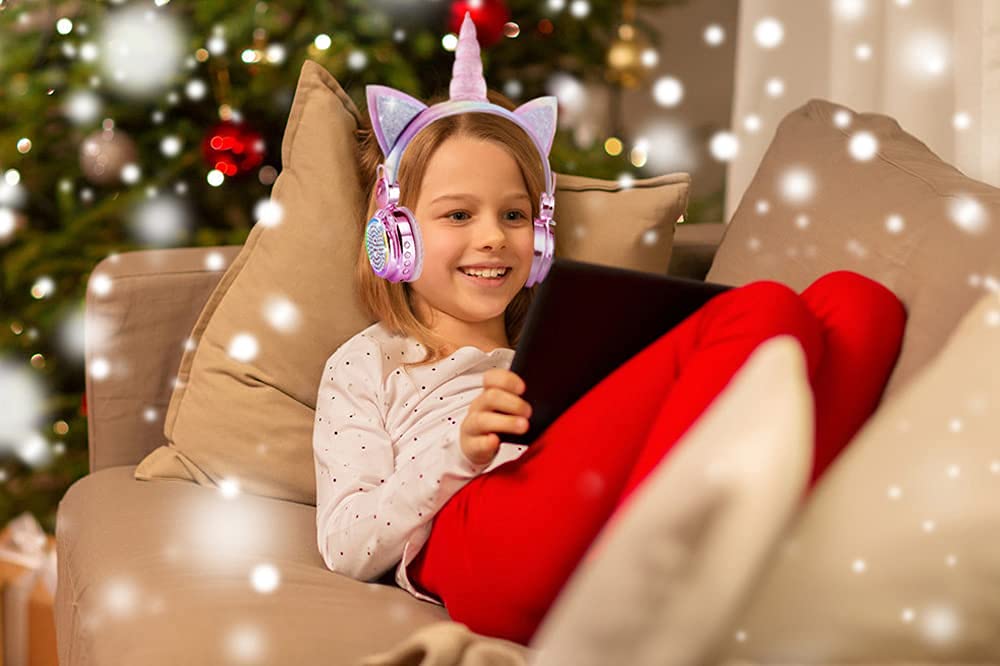 Wireless Unicorn Headphones for Kids Girls Teens - LED Light Up Bluetooth Headset with Microphone, Volume Control & Soft Ear Cushions - Perfect for School, Online Learning, Christmas Gifts & Unicorn Lovers (Pink)
