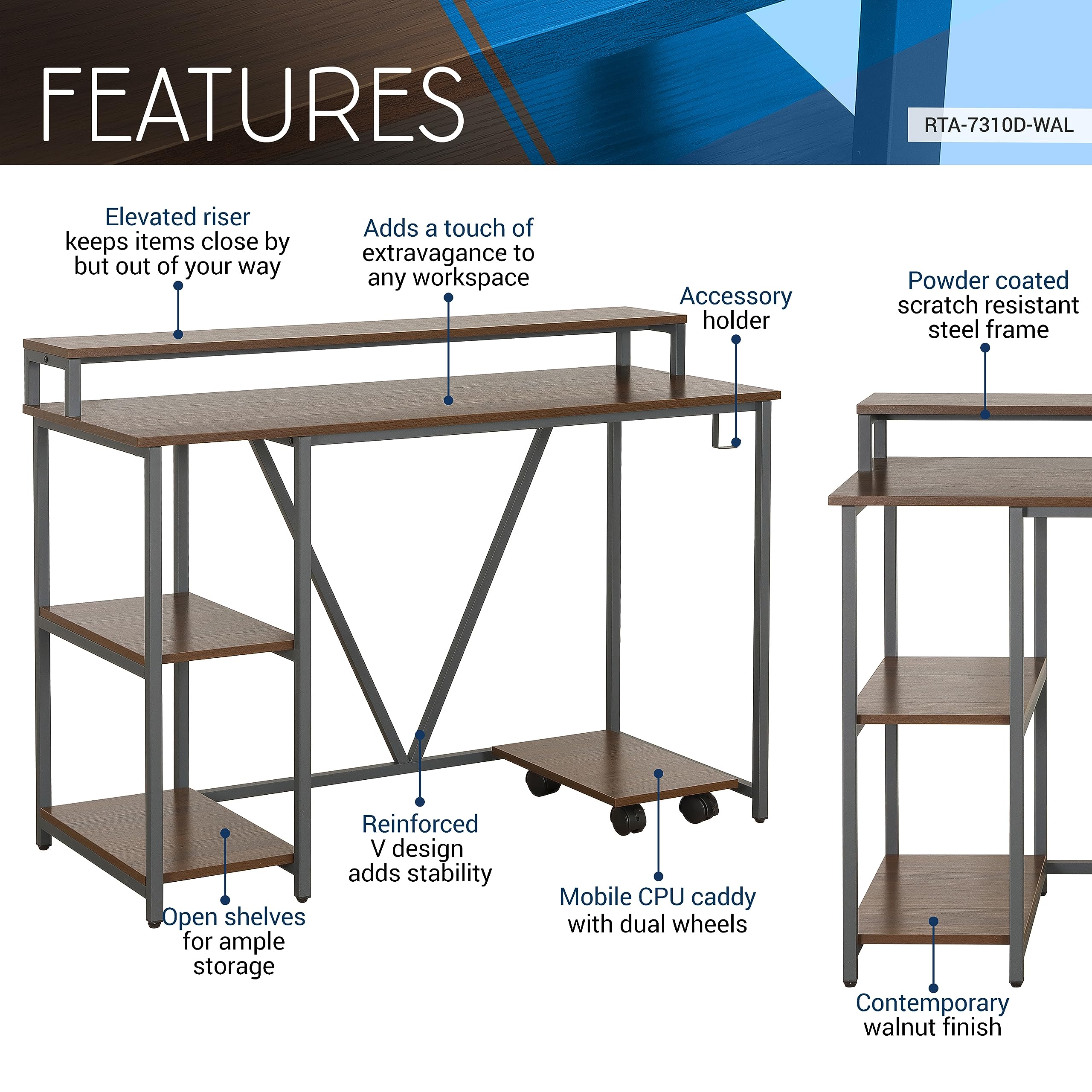 Techni Mobili Industrial Walnut Computer Desk with Storage Shelves, Monitor Stand, CPU Caddy & 2-Tier Bookshelf - Perfect Home Office Laptop Table for Small Spaces & Modern Workstations