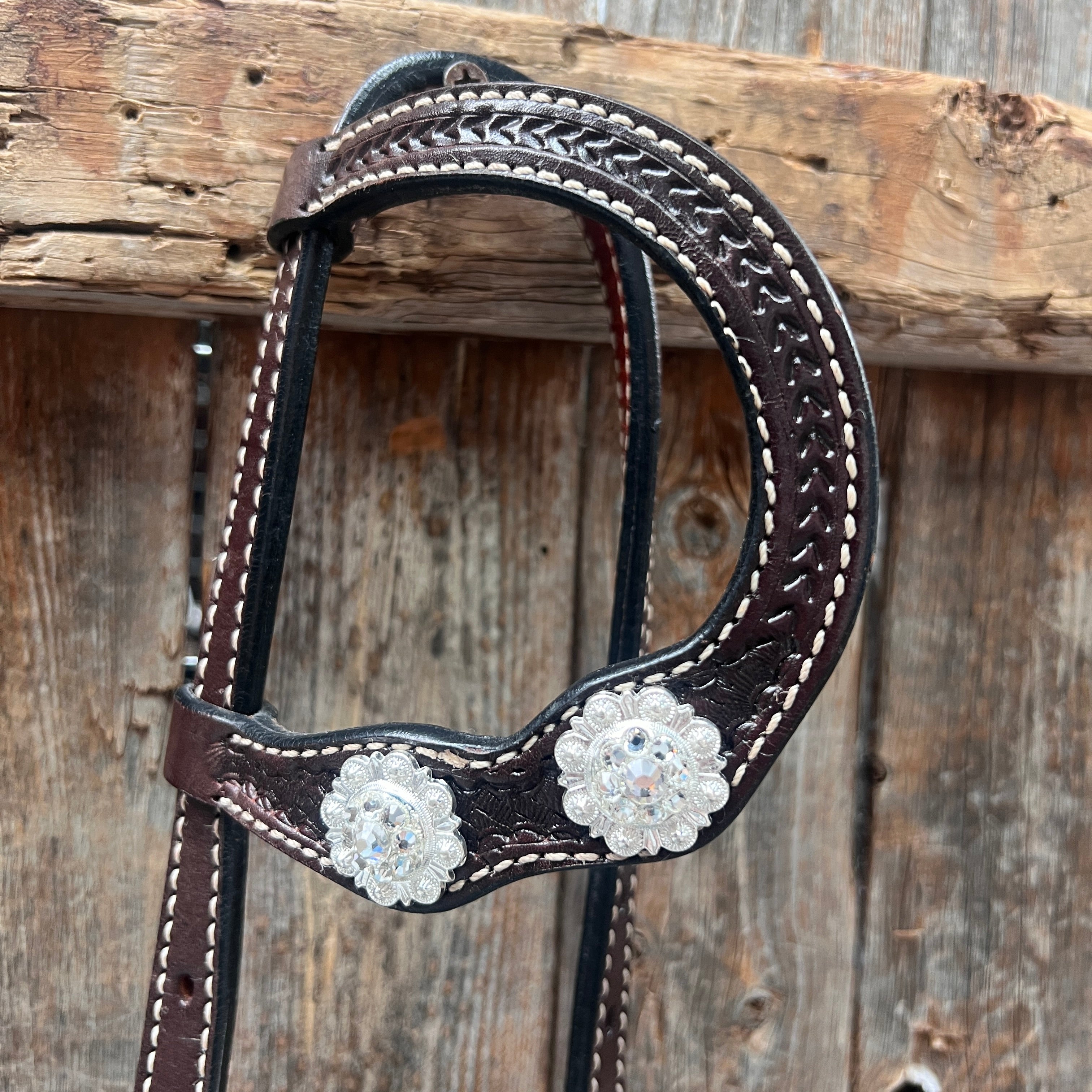 Dark Oil Basketweave Clear Browband & One Ear Tack Set for Horses - Premium Leather Equestrian Bridle Accessories for Dressage, Jumping & Show Riding | #BBBC619