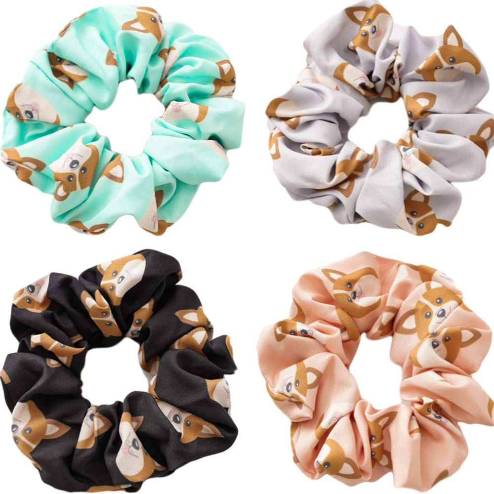 4 Pack Corgi Dog Scrunchies for Hair - Cute Cartoon Pet Hair Ties for Women & Girls, Soft Chiffon Hair Bands - Perfect for Dog Lovers, Gifts, School, Work & Everyday Use