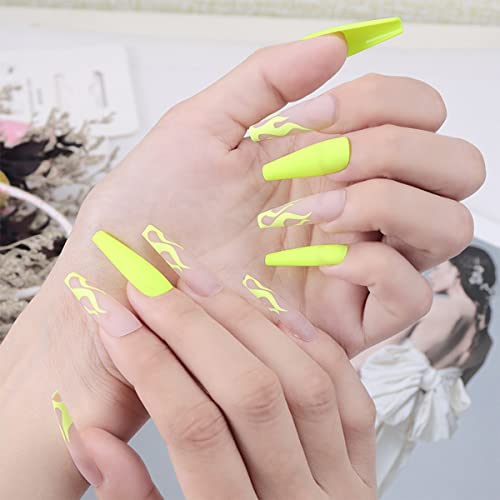 Yellow Flame Press on Nails - Medium Length Glossy Full Cover Fake Nails with Glue Sticker - 24PCS Acrylic False Nails for Women & Girls - DIY Artificial Nails for Parties, Weddings & Daily Wear