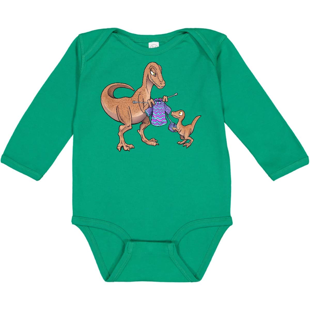 Inktastic Knitting Dinosaur Mom with Baby Dinosaur - Cute Long Sleeve Bodysuit for Babies & Toddlers - Perfect for Family Photos, Baby Showers & Holiday Gifts