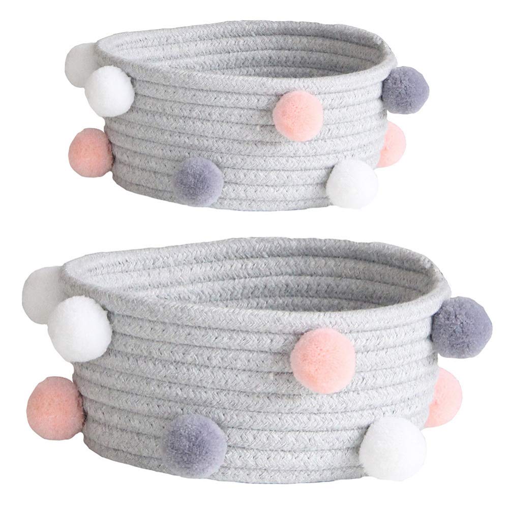 Cabilock 2-Piece Round Woven Pompom Basket Set - Small Fabric Storage Bins for Cosmetics, Clothes & Baby Items | Braided Plush Organizer for Closet, Nursery & Home Decor
