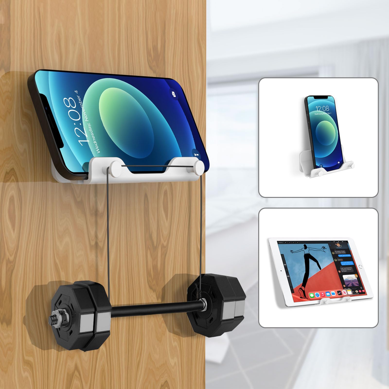 Hands Free Wall Mount Phone Holder with Adhesive Strip - Universal Compatible with All Smartphones & Mini iPads - White - Perfect for Bedroom, Living Room & Kitchen - Watch Videos, Follow Recipes & Video Chat Hands-Free