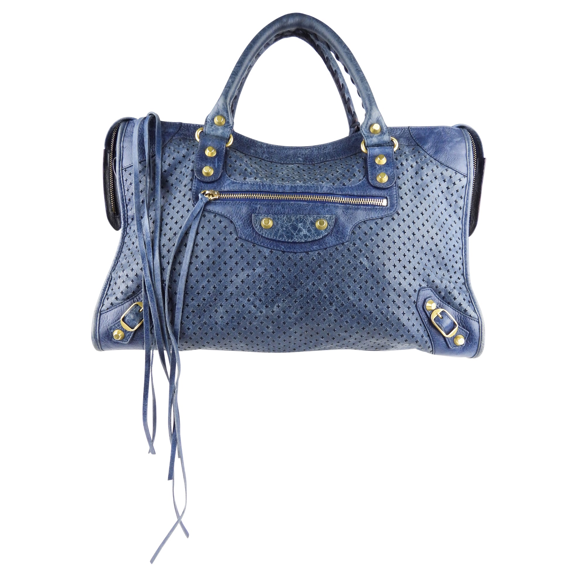 Balenciaga Blue Perforated Leather Moto Classic City Bag for Women - Stylish Crossbody Handbag for Everyday Use, Work & Travel