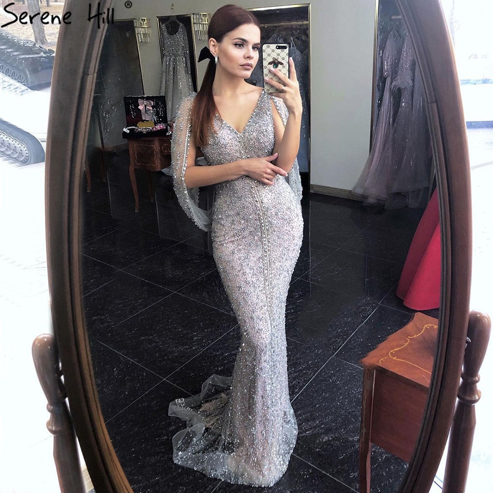 Elegant Grey Mermaid Evening Dress with Sparkle Beading & Crystal Details - Women's Luxury Party Gown for Prom, Wedding, or Formal Events - LA70847
