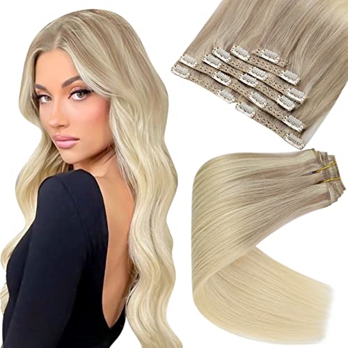 Sunny Clip-in Human Hair Extensions 16 Inch 7pcs - Blonde Ombre Balayage (Ash Blonde & Platinum) with Thick Ends for Natural Volume | Perfect for Parties, Weddings & Daily Styling