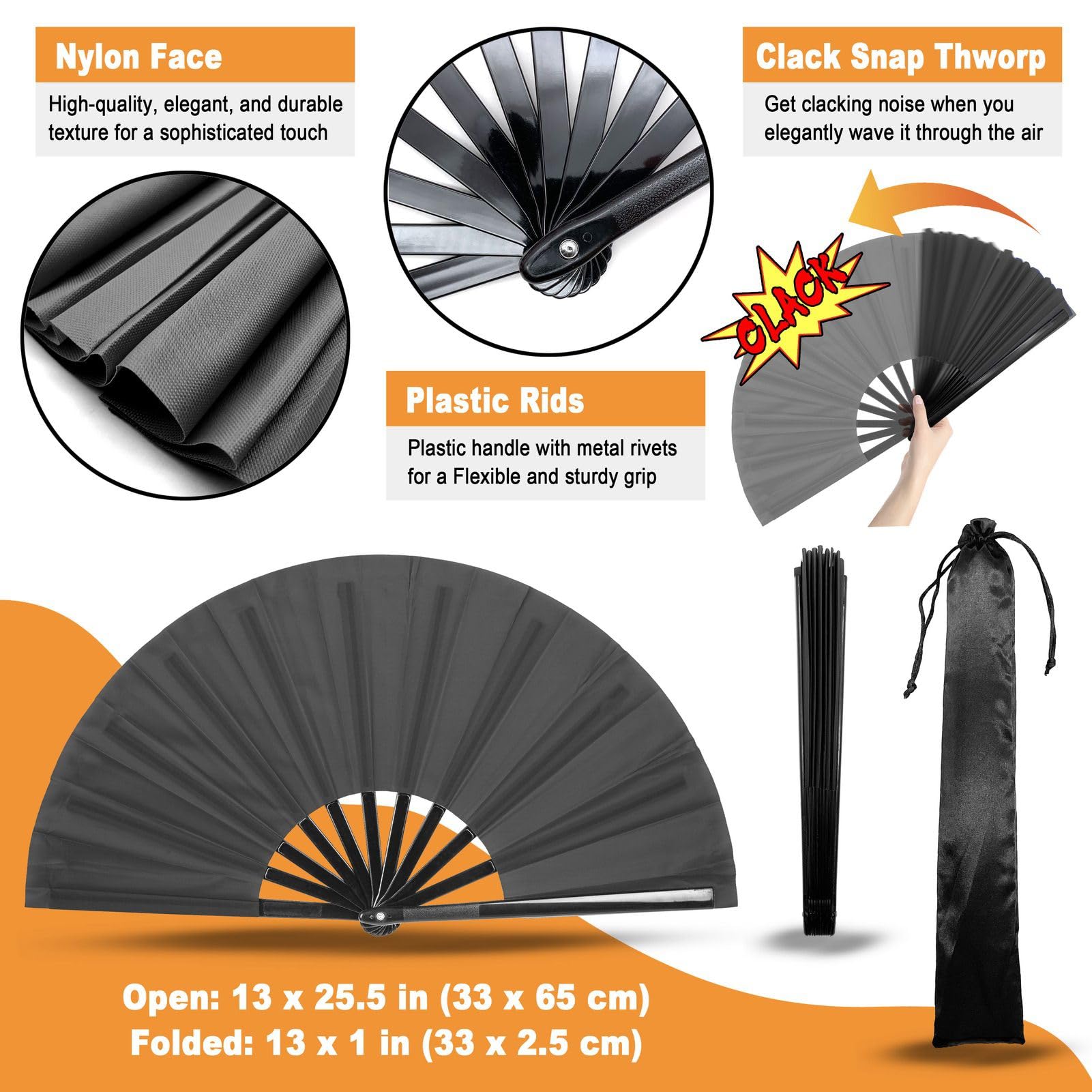 Large Rave Folding Hand Fan - Portable Chinese Tai Chi Kung Fu Fan for Dance, Yoga, Hot Flashes Relief - Perfect for EDM Festivals, Weddings, Church, Gifts & Home Decor (Black)