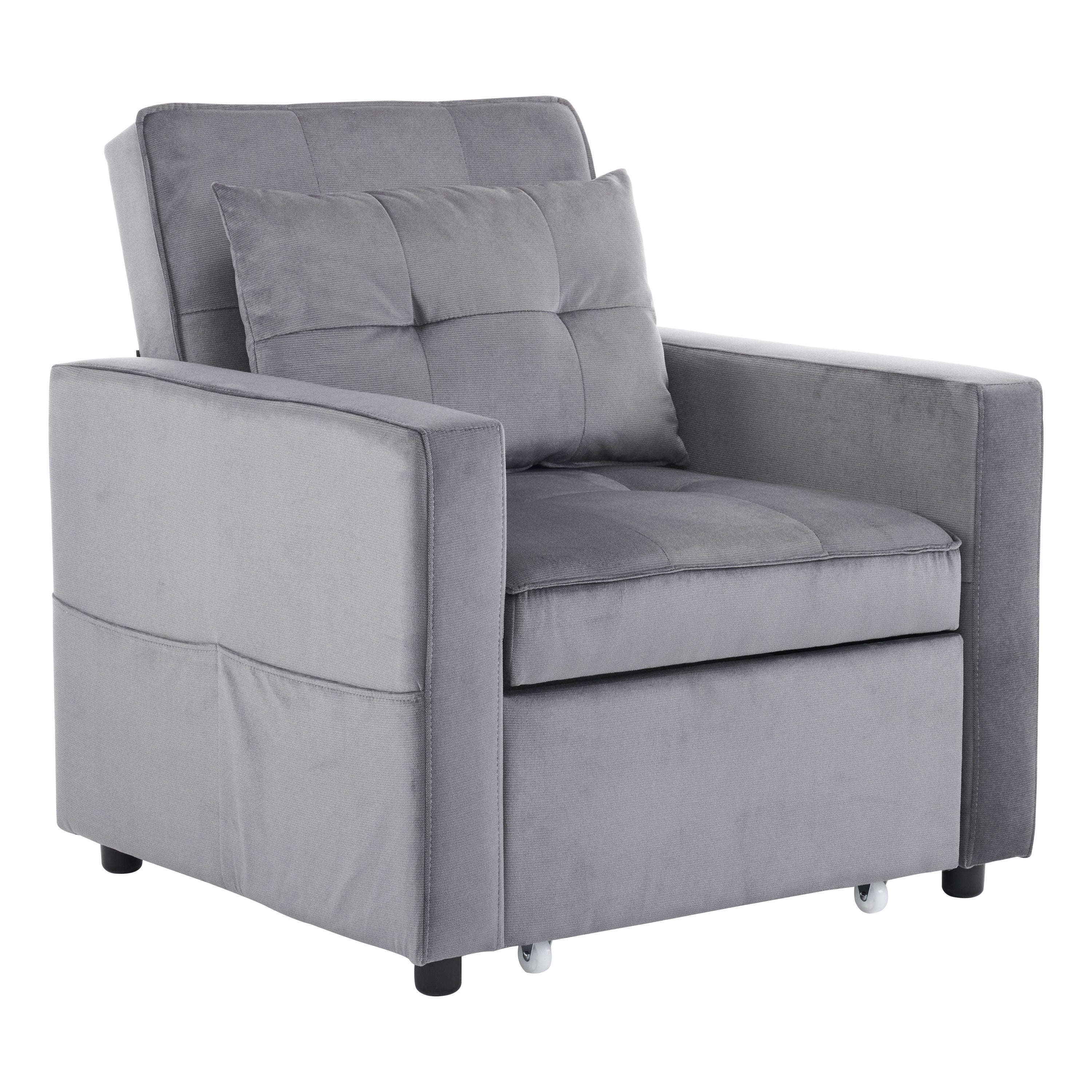 3-in-1 Convertible Sleeper Sofa Bed Chair with Pillow & Pocket - Modern Velvet Fabric Multi-Functional Furniture for Living Room, Bedroom, Study & Small Apartments (Gray) | Perfect for Guest Sleeping, Lounging & Space Saving Solutions