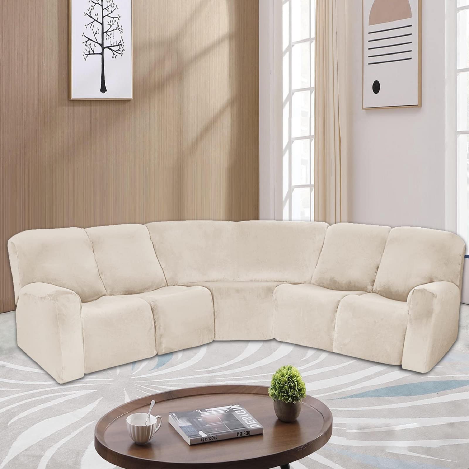 7-Piece Velvet Sectional Sofa Covers - Stretchable Recliner Sofa Slipcovers, Non-Slip Washable Split Design for Living Room, Great for Kids & Pets (Beige) - Perfect for Home Decor, Family Gatherings and Pet-Friendly Spaces