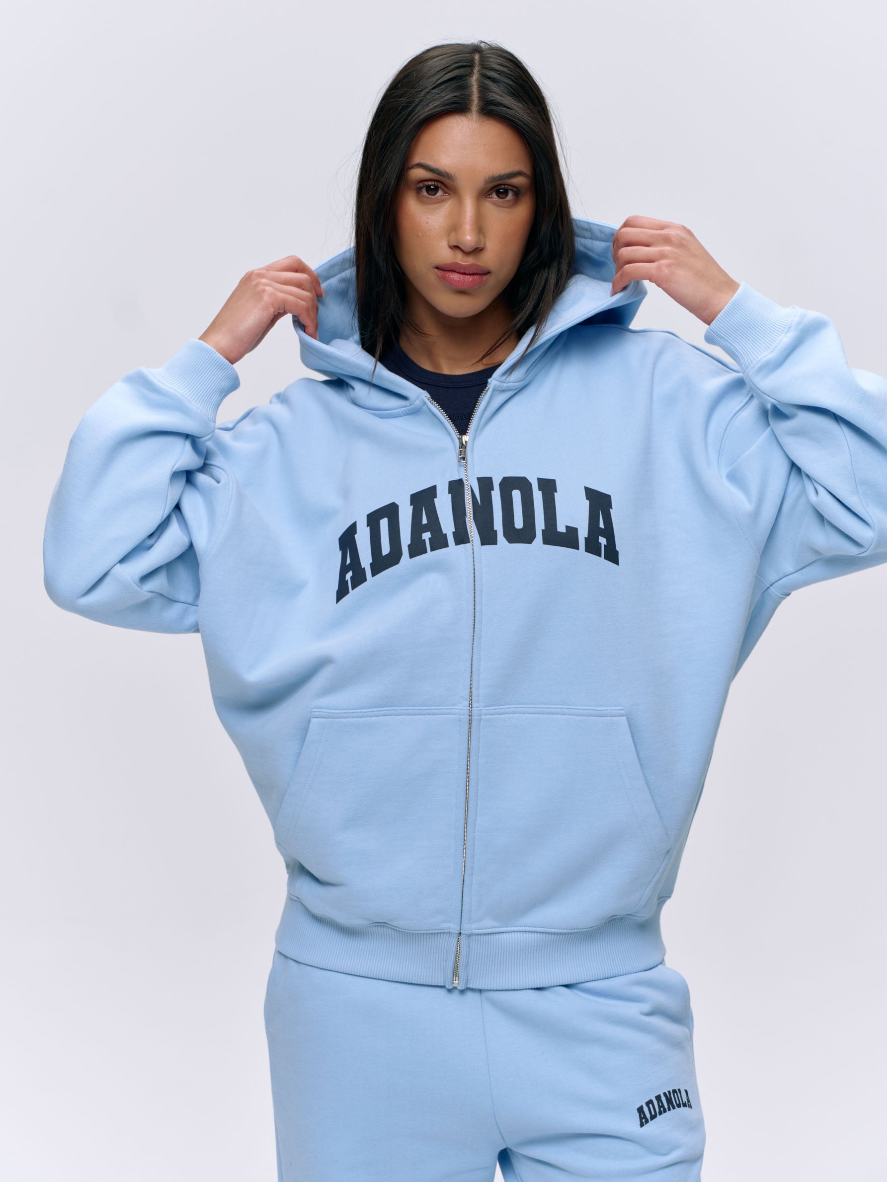 Varsity Oversized Full Zip Hoodie for Men & Women - Soft Cotton Blend, Powder Blue & Navy Blue - Cozy Pullover for Casual Wear, College Style, Street Fashion