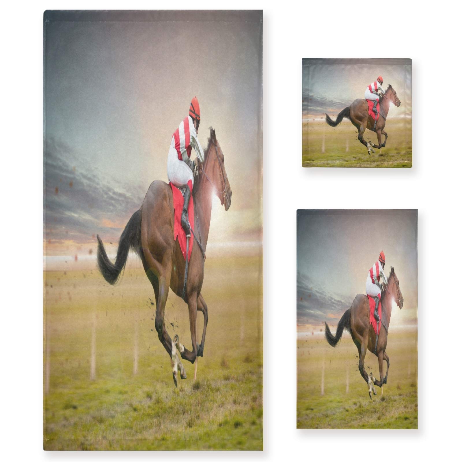 Qilmy Race Horses Bath Towels Set - Ultra Absorbent, Soft & Comfortable 3-Piece Towel Set for Home, Spa & Hotel Decor | Perfect for Bathroom, Pool & Beach Use