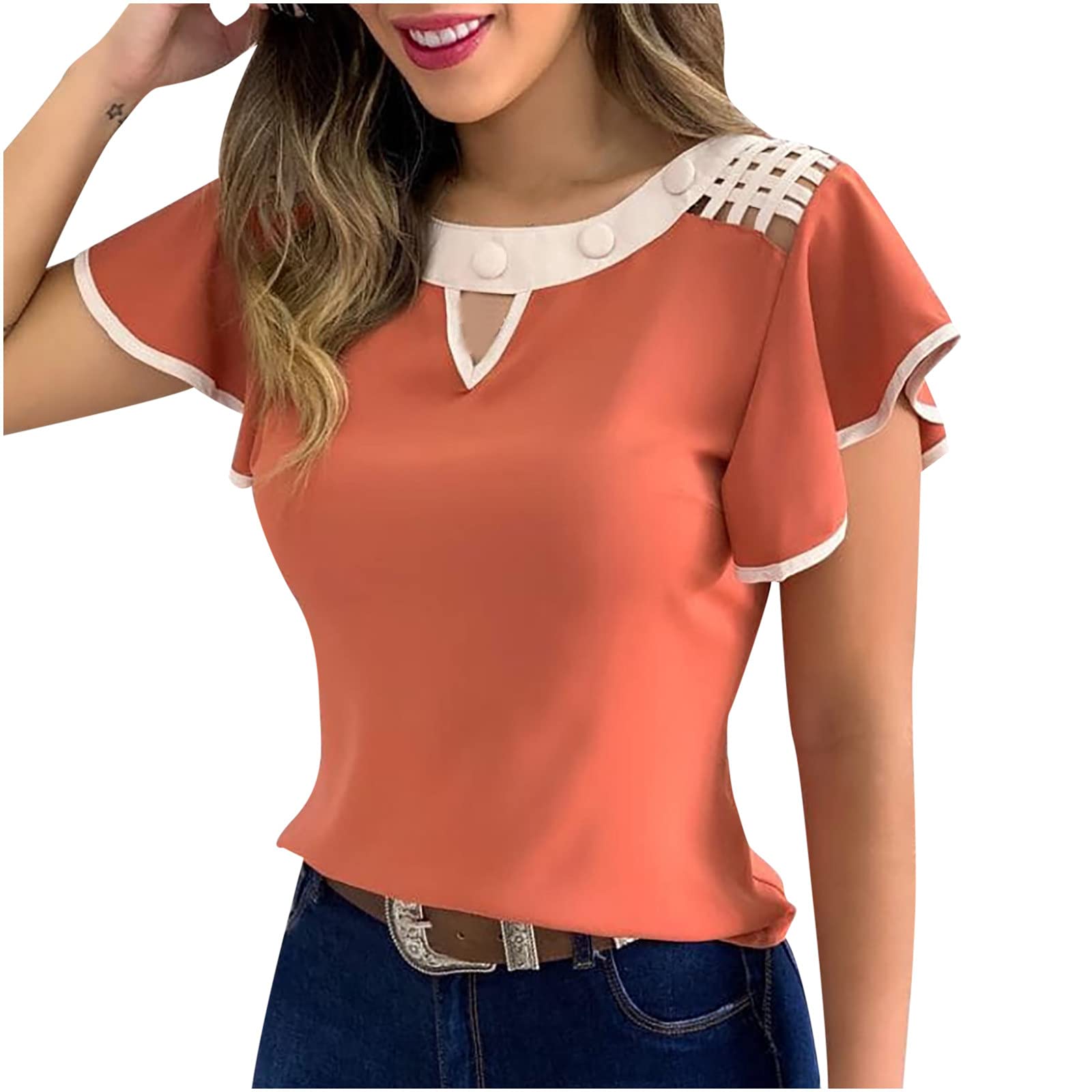 Women's Summer Tops - Ruffled Short Sleeve T-Shirts, Casual Round Neck Tees & Trendy Slim Tunic Blouses | Breathable Solid Color Shirts for Outdoor, Work & Vacation
