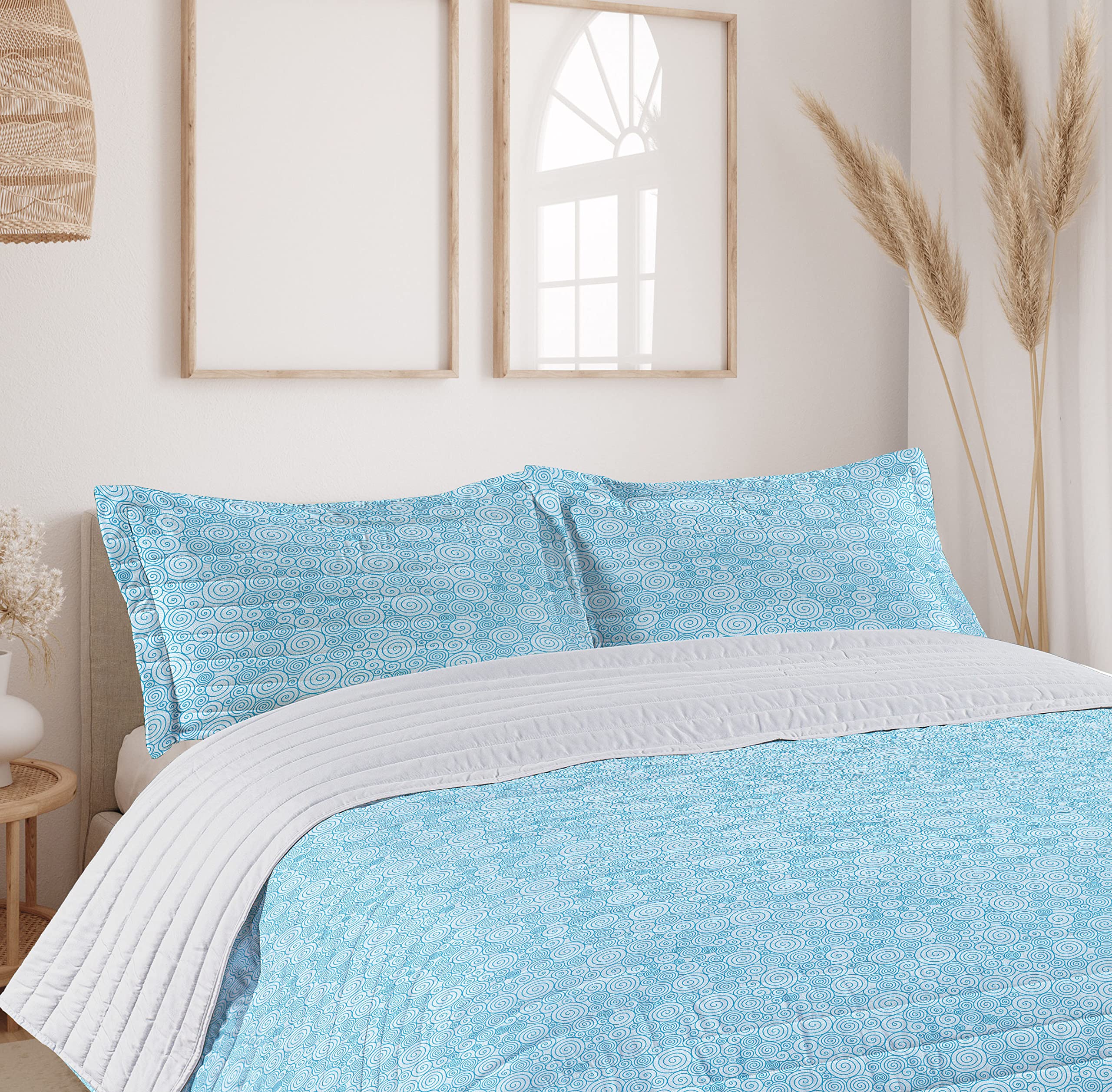 Ambesonne Blue and White Microfiber Bedspread Set - Abstract Ocean Swirls Design in Modern Hand-Drawn Style | Soft King Size Bedding with Pillow Shams & Comforter | Perfect for Coastal, Nautical or Beach-Themed Bedrooms