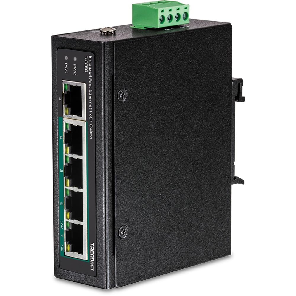 TRENDnet 5-Port Industrial Fast Ethernet DIN-Rail Switch with 4 PoE+ Ports (90W Budget) | IP30 Rated | Lifetime Warranty | for Factory Automation & Smart Building Networks