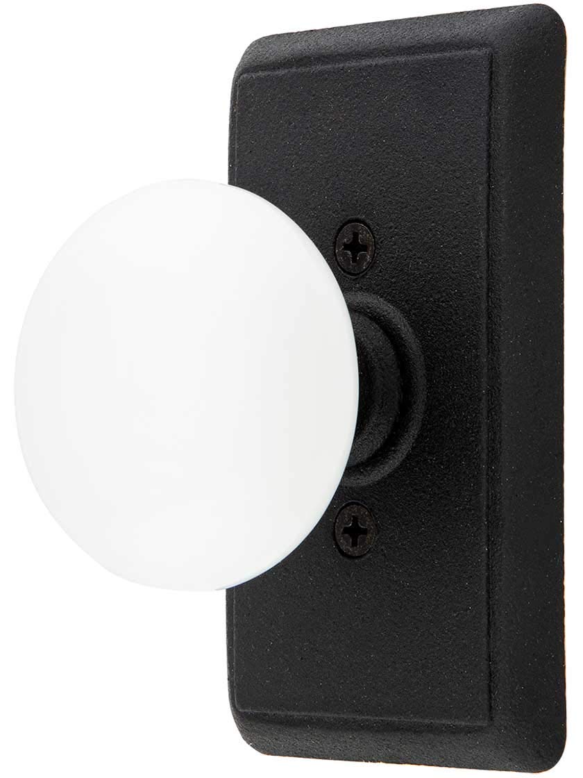 Emtek Wrought Steel Providence Door Set with White Porcelain Knobs - Passage Matte Black Finish | Vintage Style Interior Door Hardware for Home & Office | Perfect for Bedrooms, Bathrooms & Entryways