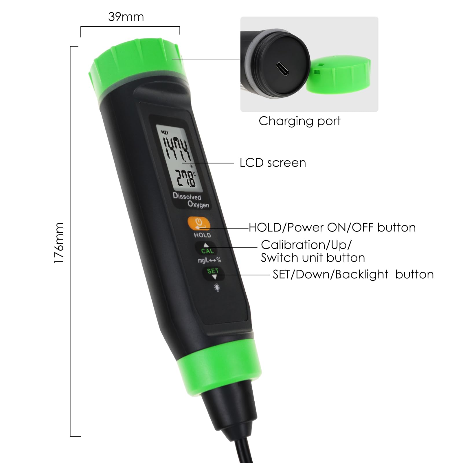 Portable Dissolved Oxygen Meter with ATC & Long Cable - DO Tester Kit with Self-Floating Probe Electrode for Aquariums, Ponds, Hydroponics & Water Quality Testing