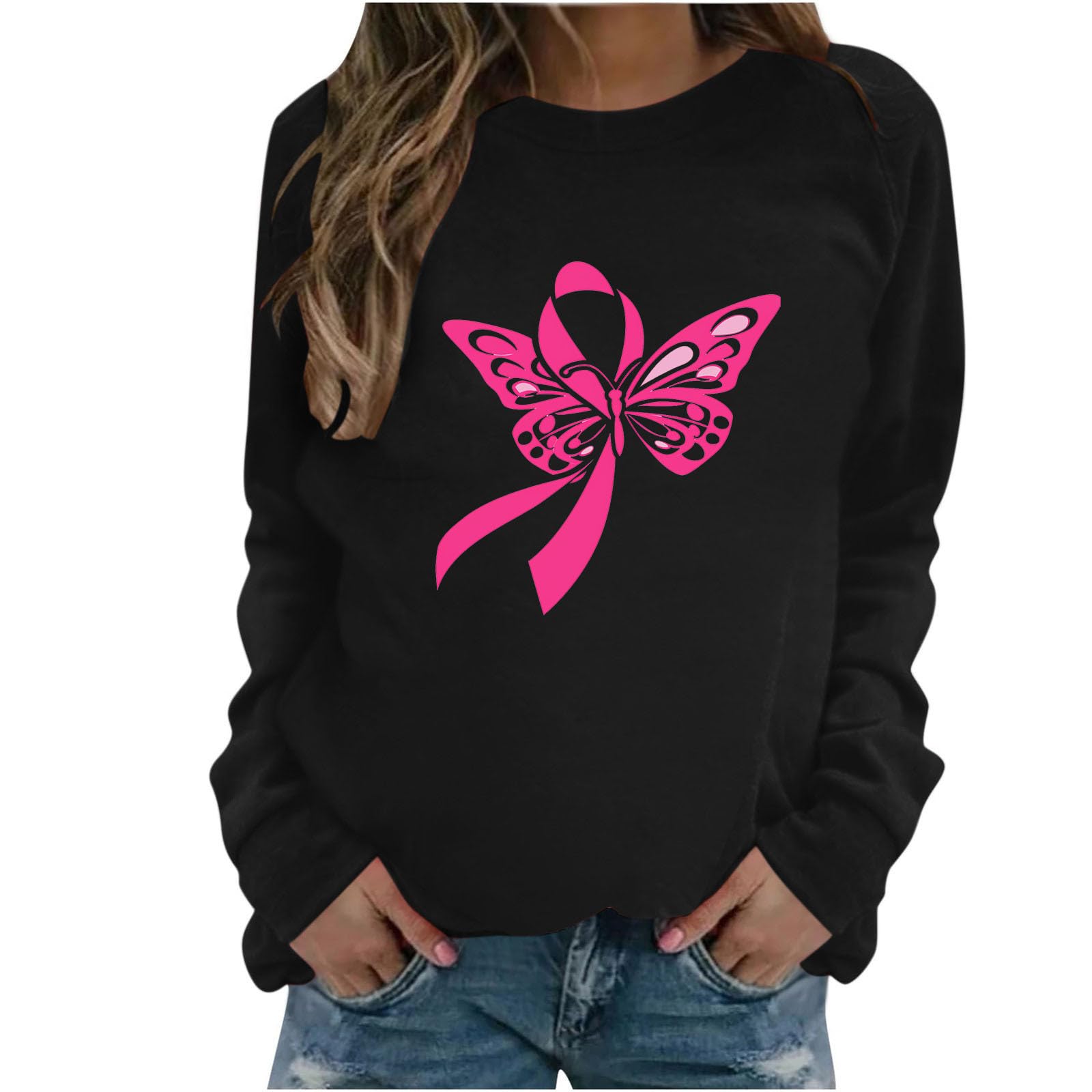 Women's Breast Cancer Awareness Sweatshirt - October Pink Ribbon Graphic Pullover Top - Funny Cute Shirt for Support & Fundraising Events