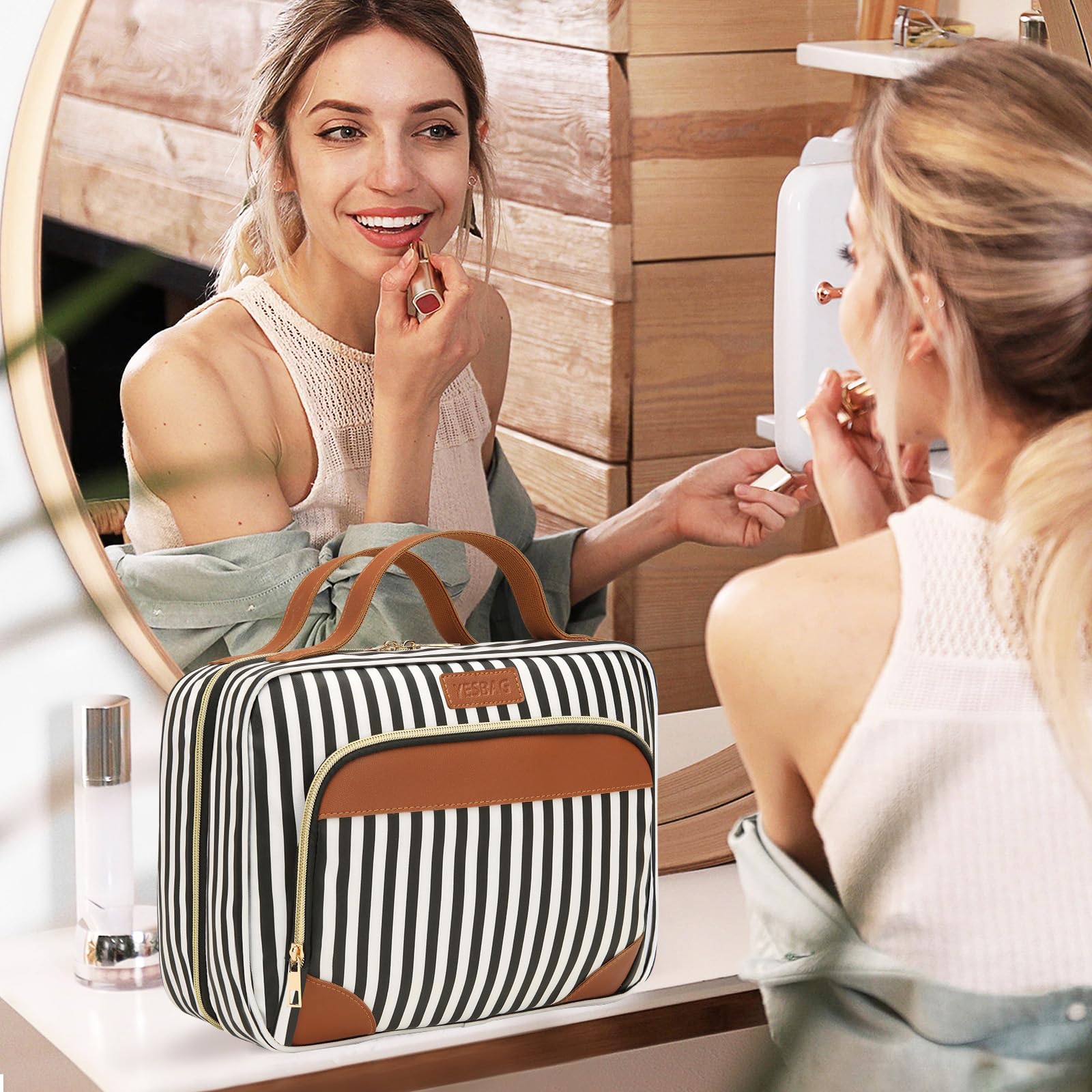 Hanging Toiletry Bag for Women - Travel Cosmetic Organizer with Multiple Compartments & Hook for Jewelry, Shampoo, Full-size Containers - Perfect for Vacation, Business Trips & Gym Essentials (Black Striped)