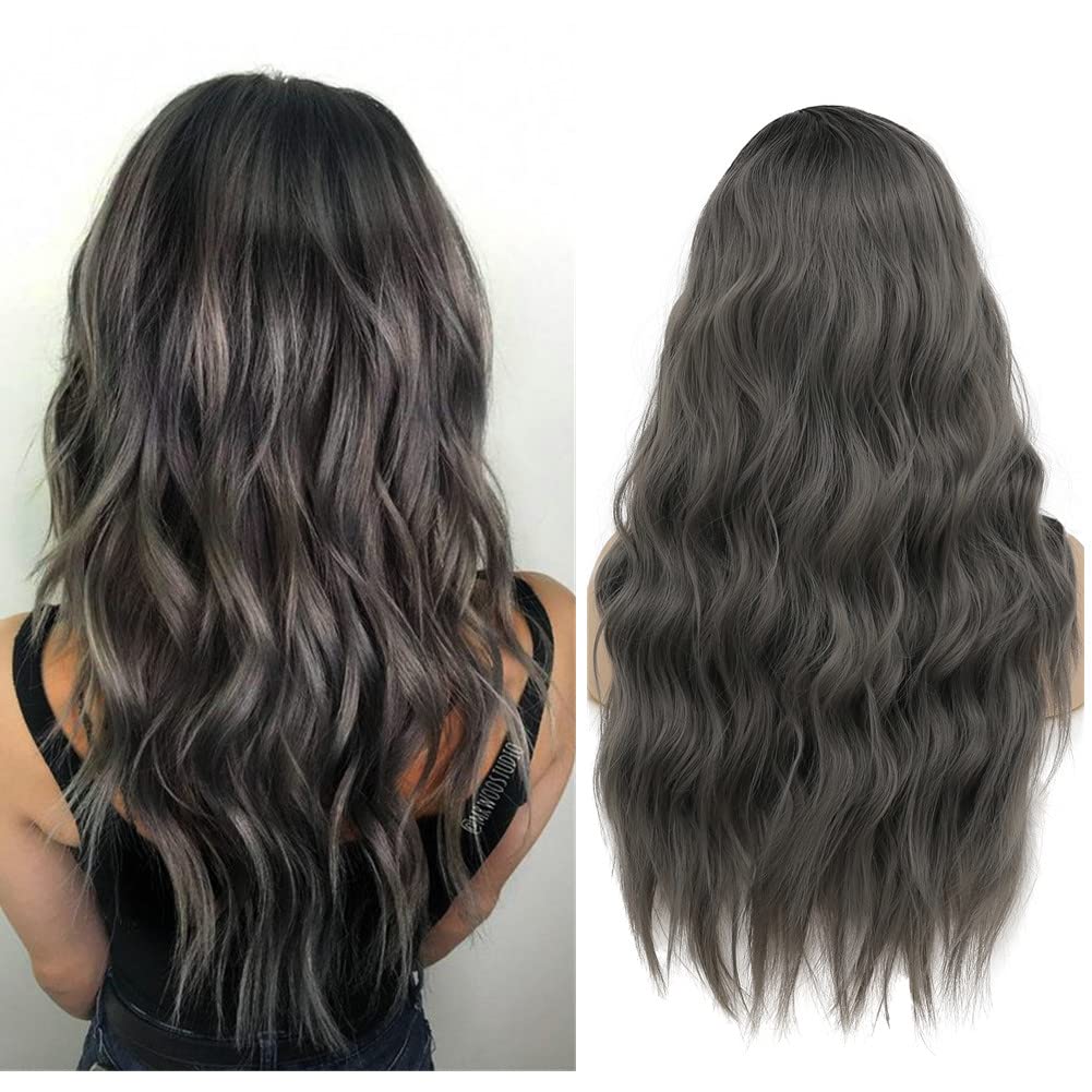 Ombre Grey Black Curly Wavy Long Synthetic Hair Wig for Women - Dark Roots Full Wig for Cosplay, Halloween, Parties & Daily Use (Perfect for Costume Events, Themed Parties & Everyday Styling)