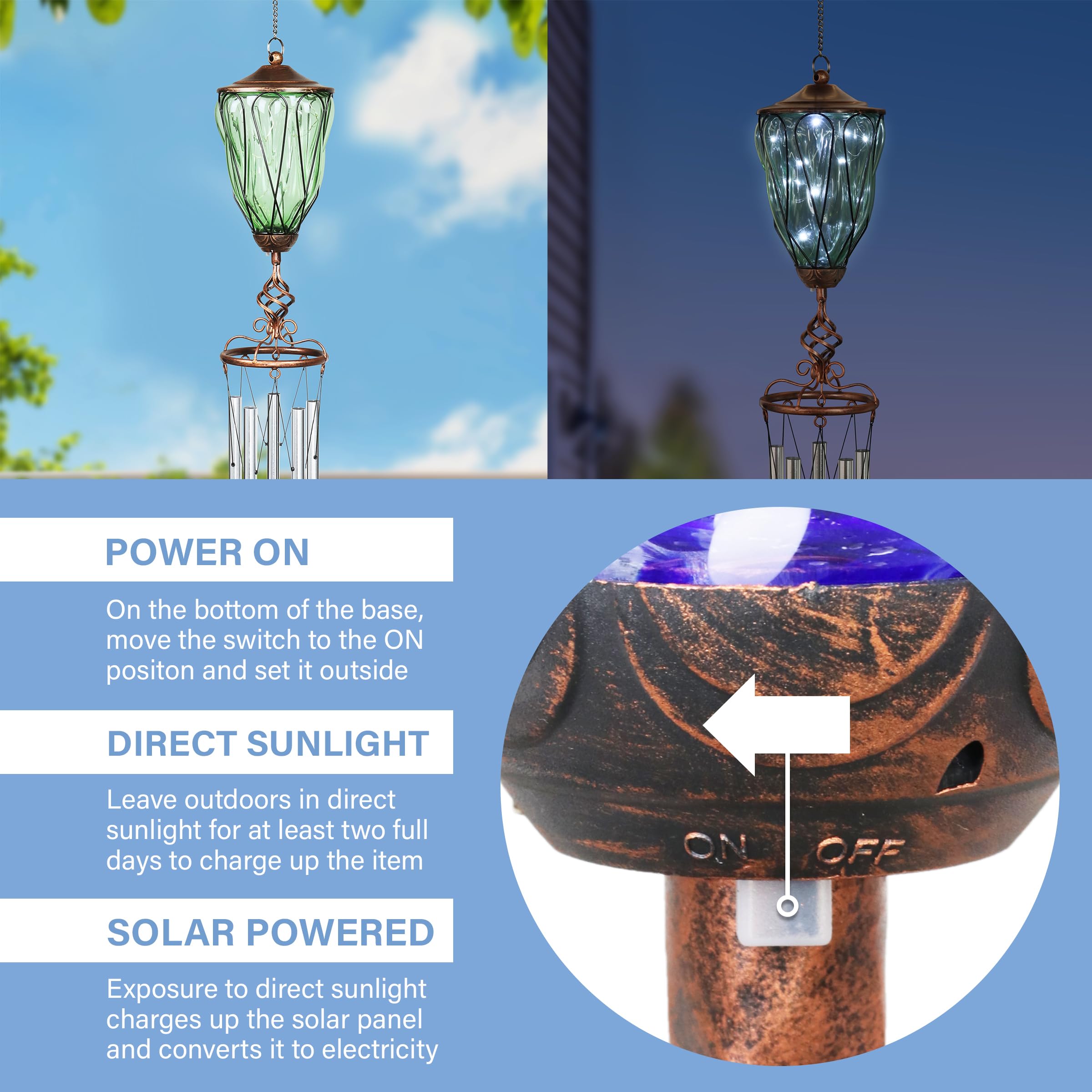 Solar-Powered Wind Chime with 9 LED Firefly Lights - Exhart Outdoor Hanging Lantern for Garden, Patio, Yard Decoration - Bronze Metal & Glass Design (6