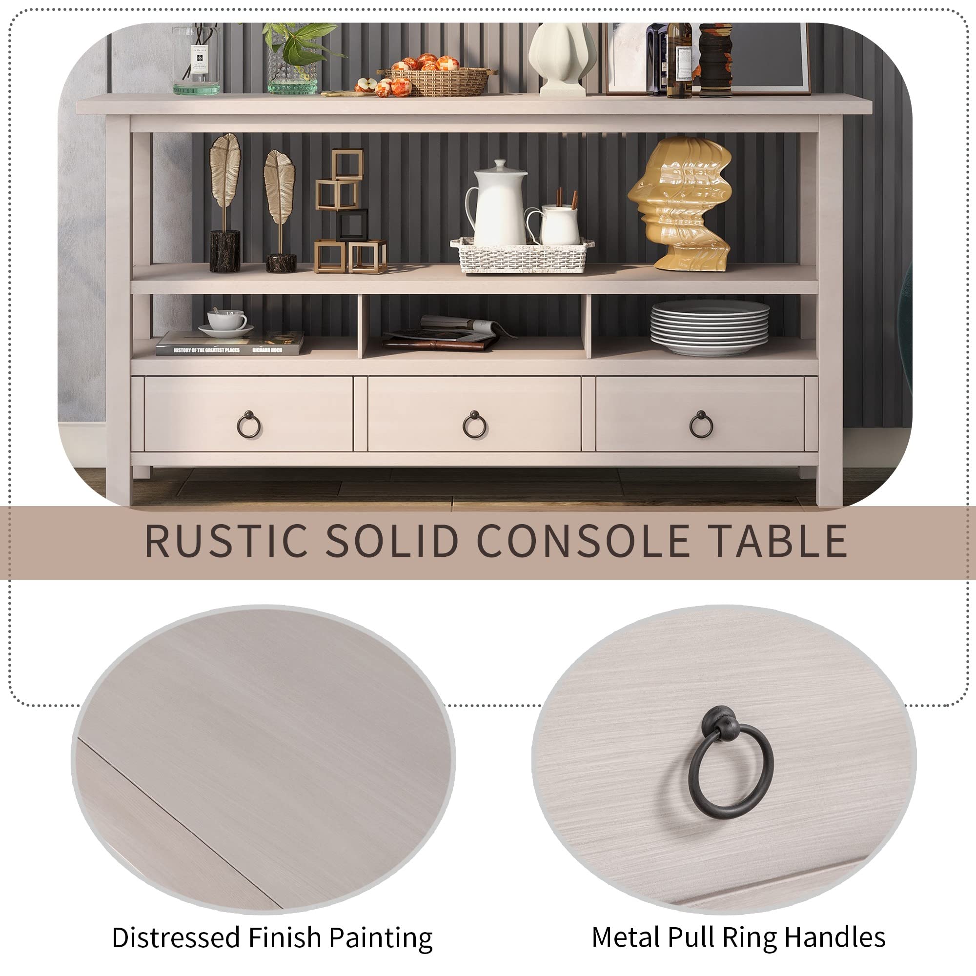 Rustic Solid Wood Console Table with Double-Tier Tabletop & 3 Drawers - Gray Wash Finish for Living Room Entryway, Hallway & Home Decor