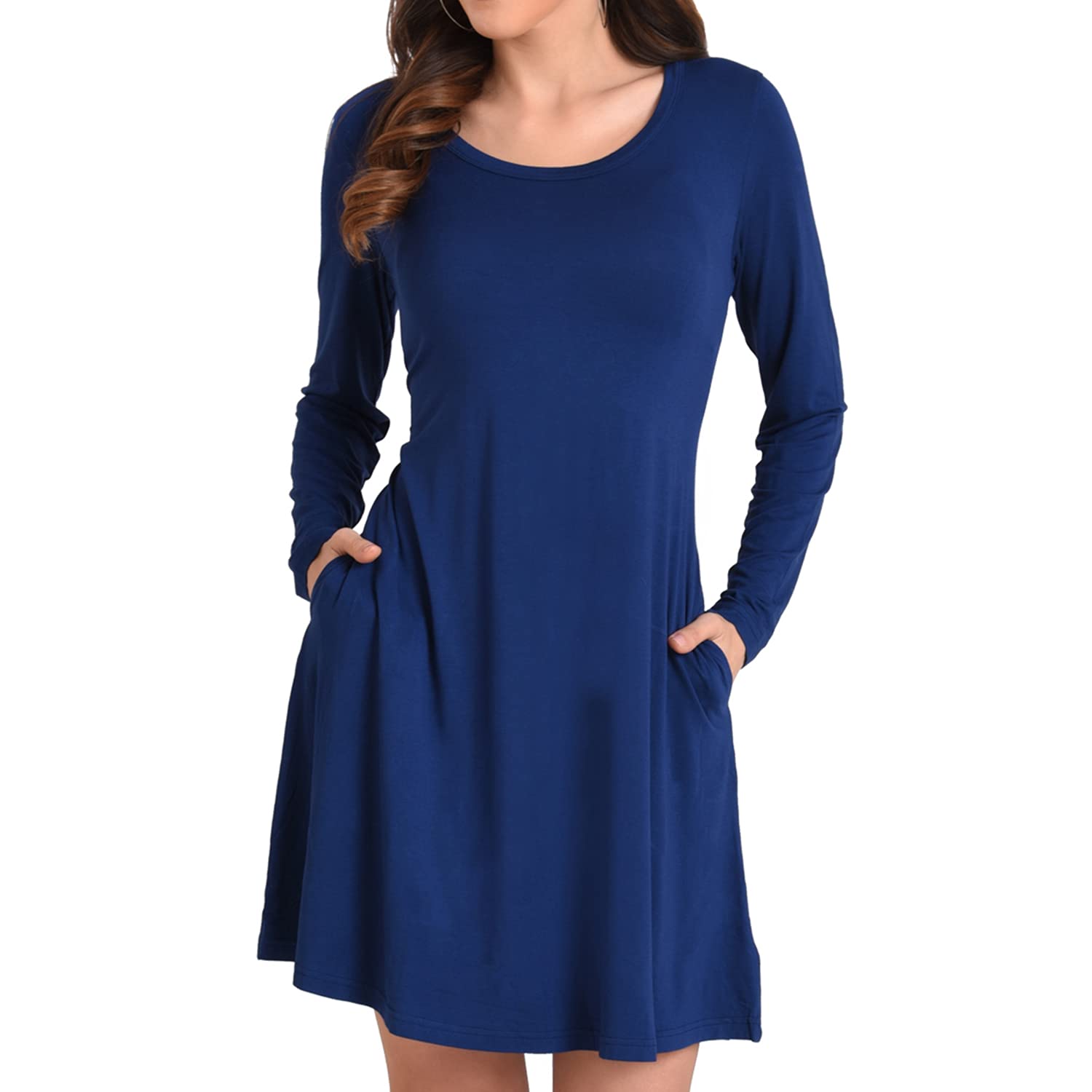 Miss Lavish London Women's Long Sleeve Swing Dress - Round Neck Casual Loose Fit T-Shirt Dress with Pockets | Perfect Gift for Mom, Birthday, Mother's Day | Great for Work, Date Night & Everyday Wear