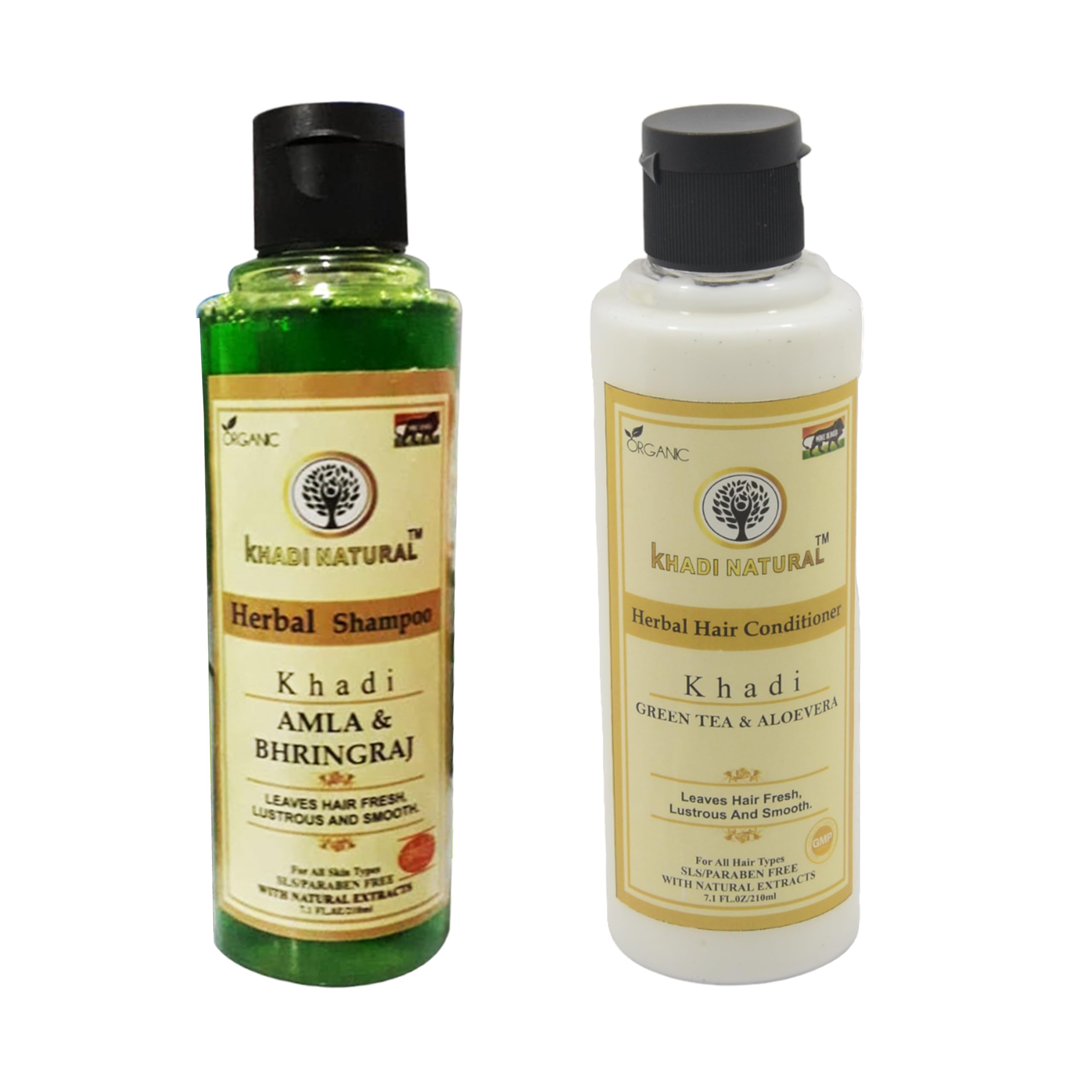 Khadi Natural Amla Bhringraj Shampoo 210ml & Green Tea Aloe Vera Conditioner 210ml Combo Set | Herbal Hair Care for Strong, Silky Hair | Sulfate-Free, Chemical-Free | Perfect for Dry, Damaged Hair & Scalp Care | Daily Use for Healthy Hair Growth
