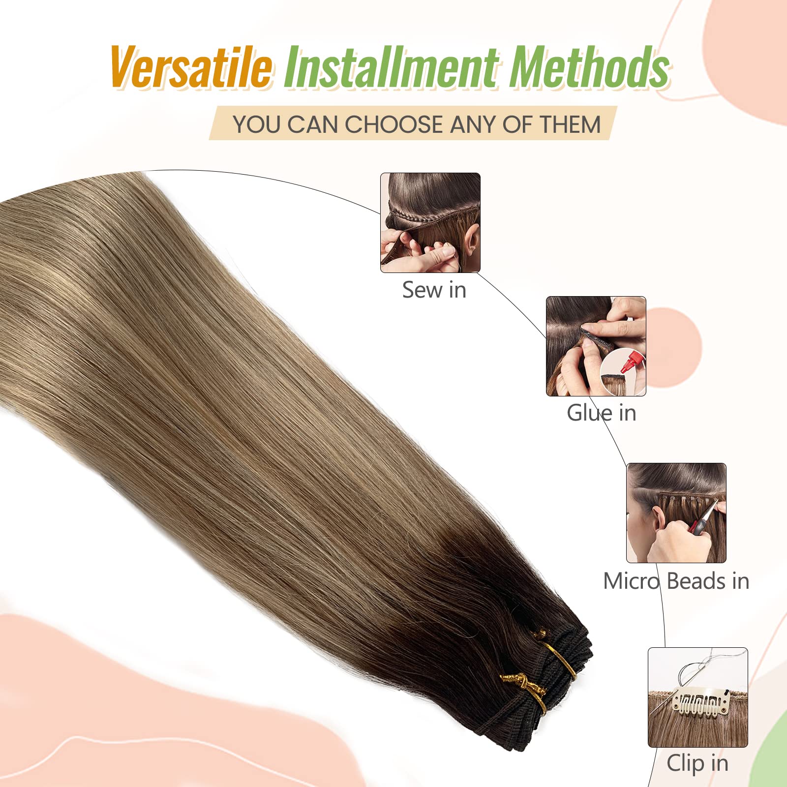 22 Inch Ombre Highlight Human Hair Extensions - 120g Double Weft Sew-in Weave Bundles (Ash Brown to Light Blonde Balayage) for Natural Volume & Styling | Perfect for Parties, Weddings & Daily Wear