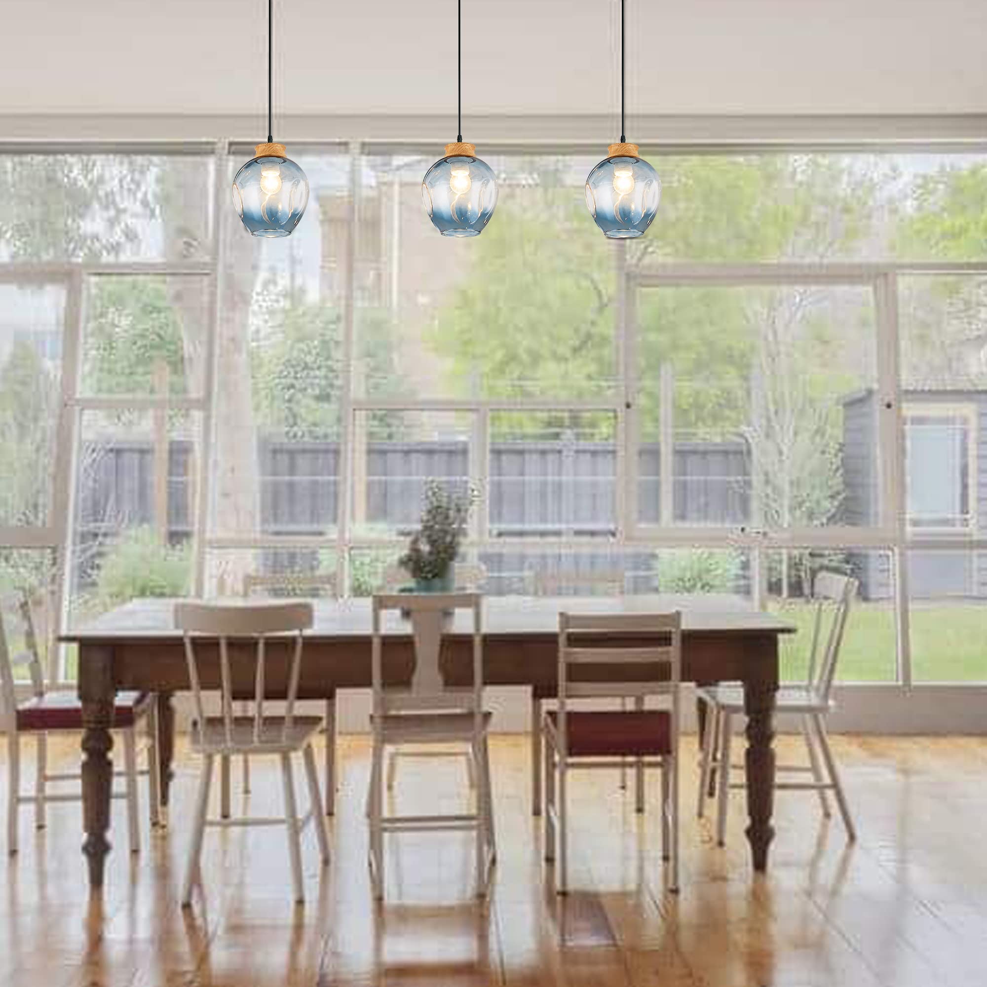 3-Light J-Shaped Track Pendant Lighting - Modern Nordic Blue Glass Shades with Wood Sockets, Dimmable Kitchen Island Lighting for Dining Room, Bar & Loft Spaces | Minimalist Retro Industrial Style Fixture