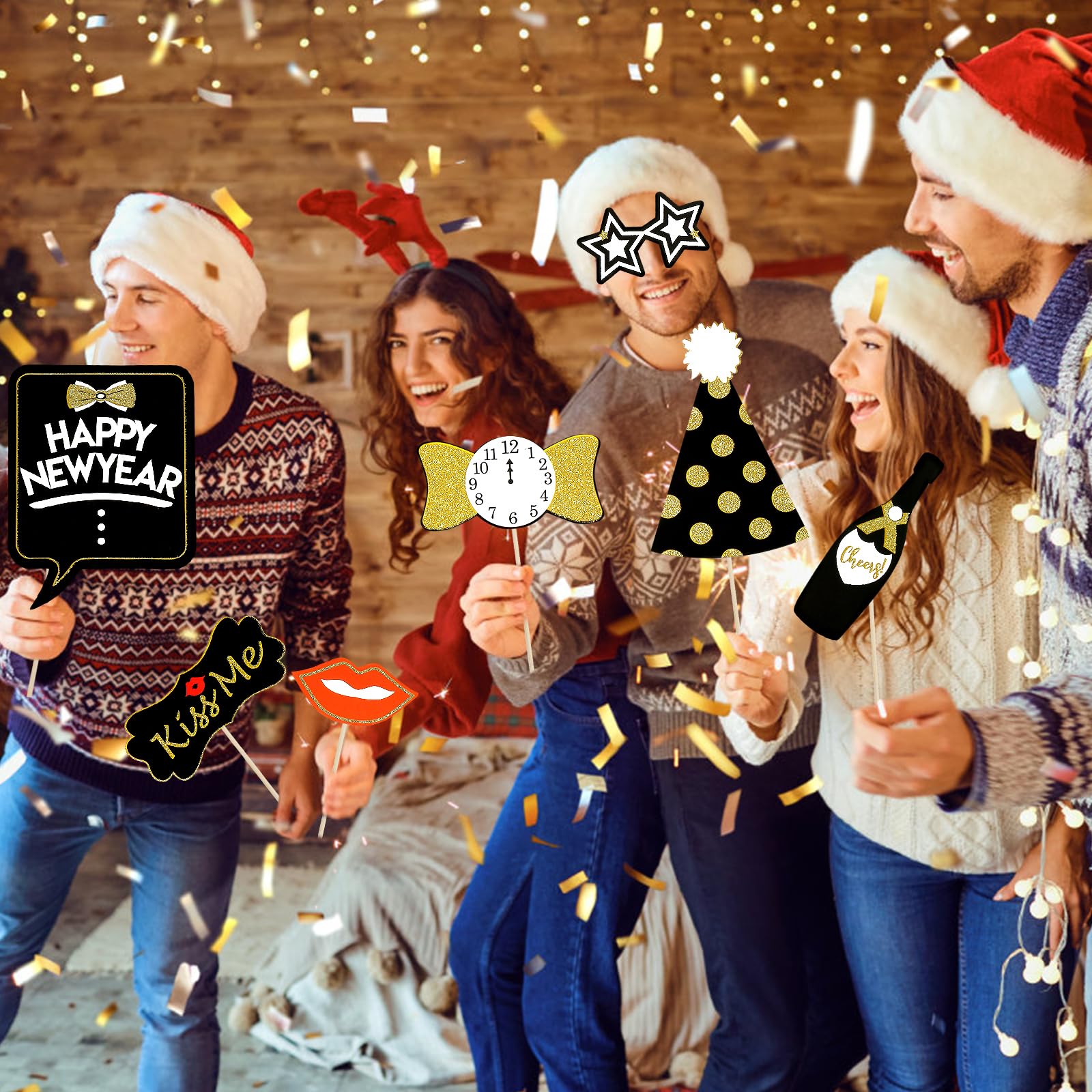 36Pcs New Year's Eve Photo Booth Props 2025 - Gold Glitter Party Decorations for NYE Celebrations, New Year Countdown & Holiday Parties - Perfect for New Year's Eve Decor, Social Media Photos & Family Gatherings