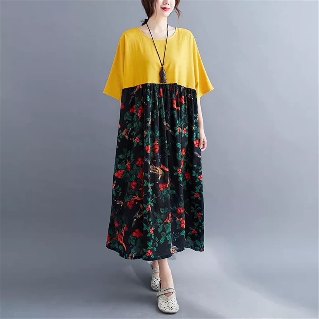Vintage Floral Print Cotton Linen Dress for Women - Walnut Patchwork Design, Loose Fit Short Sleeve Summer Casual Dress (Yellow, One Size) | Perfect for Beach Outings, Picnics, and Summer Vacations